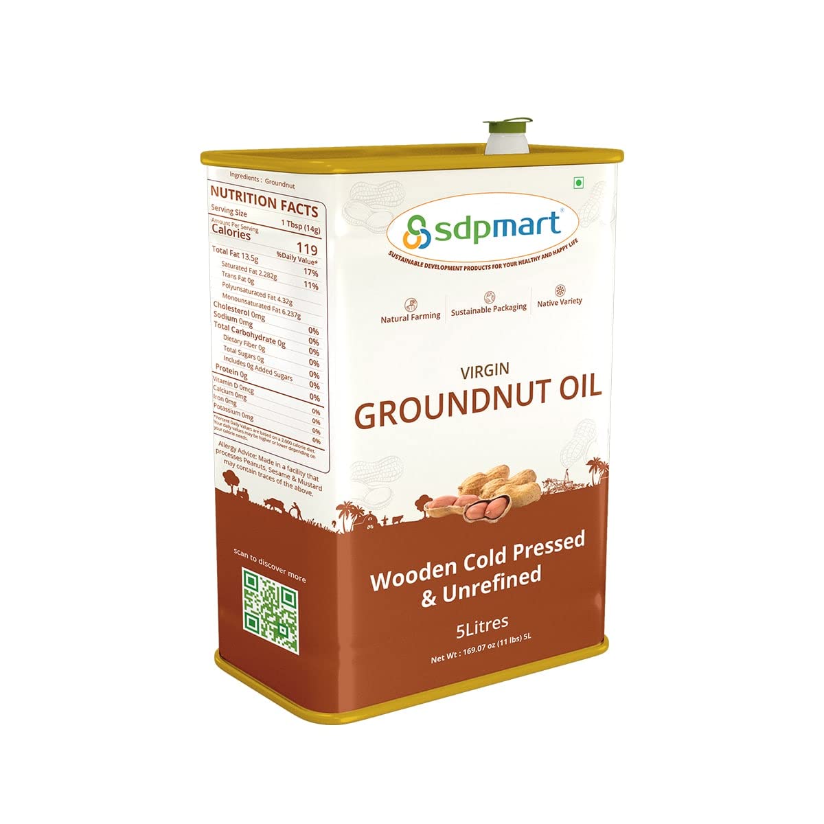 Cold Pressed Virgin Peanut Oil - 5 Liter | 100% Pure Chekku Oil for Cooking, Frying & Salad Dressing | Natural Unrefined Groundnut Oil for Healthy Recipes