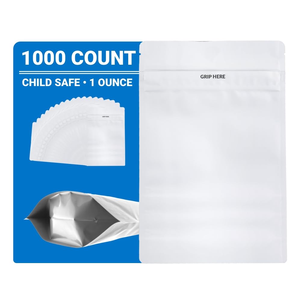 Premium Child-Resistant Mylar Bags - 1oz White Smell Proof Food Storage Bags (1000 Pack, 9