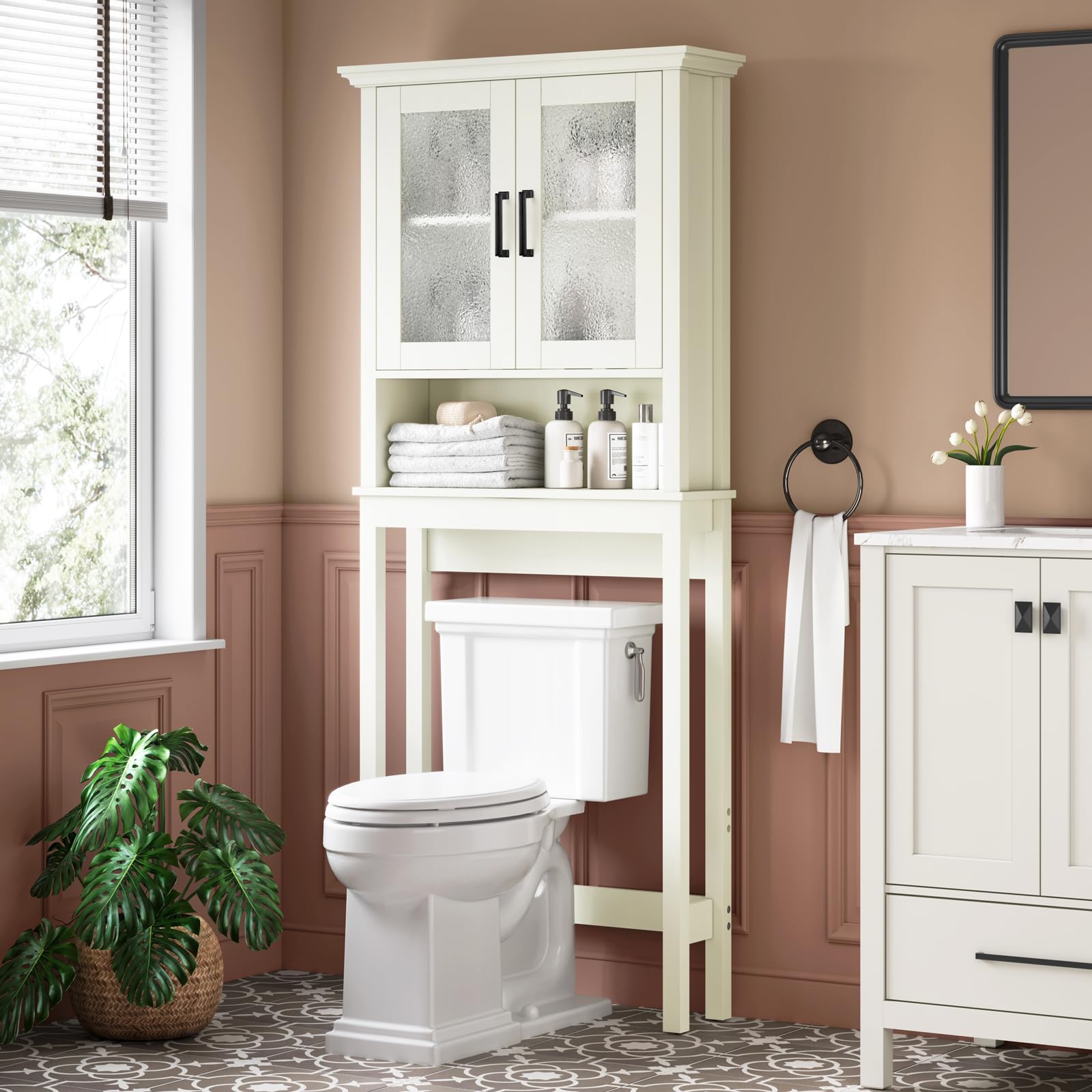 Over The Toilet Storage Cabinet with Doors & Adjustable Shelf - Thick Frame Bathroom Organizer for Above/Behind Toilet - Cream White - Perfect for Small Bathrooms, Apartments & Space-Saving Storage