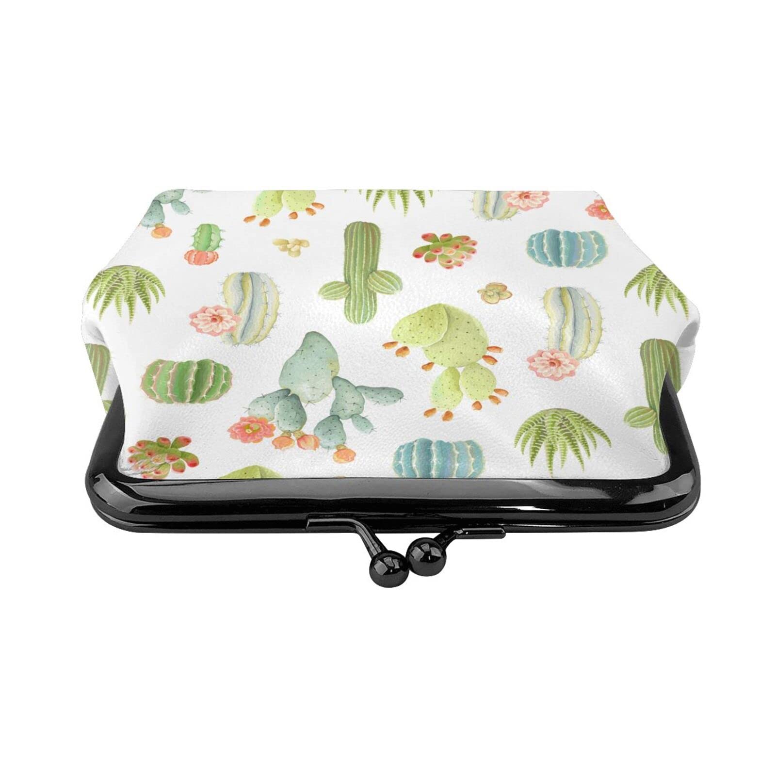 Women's Cactus Print PU Leather Wallet - Small Coin Purse with Kiss Lock & Card Holder, Ladies Mini Clutch Purse for Everyday Use, Travel & Shopping Accessories