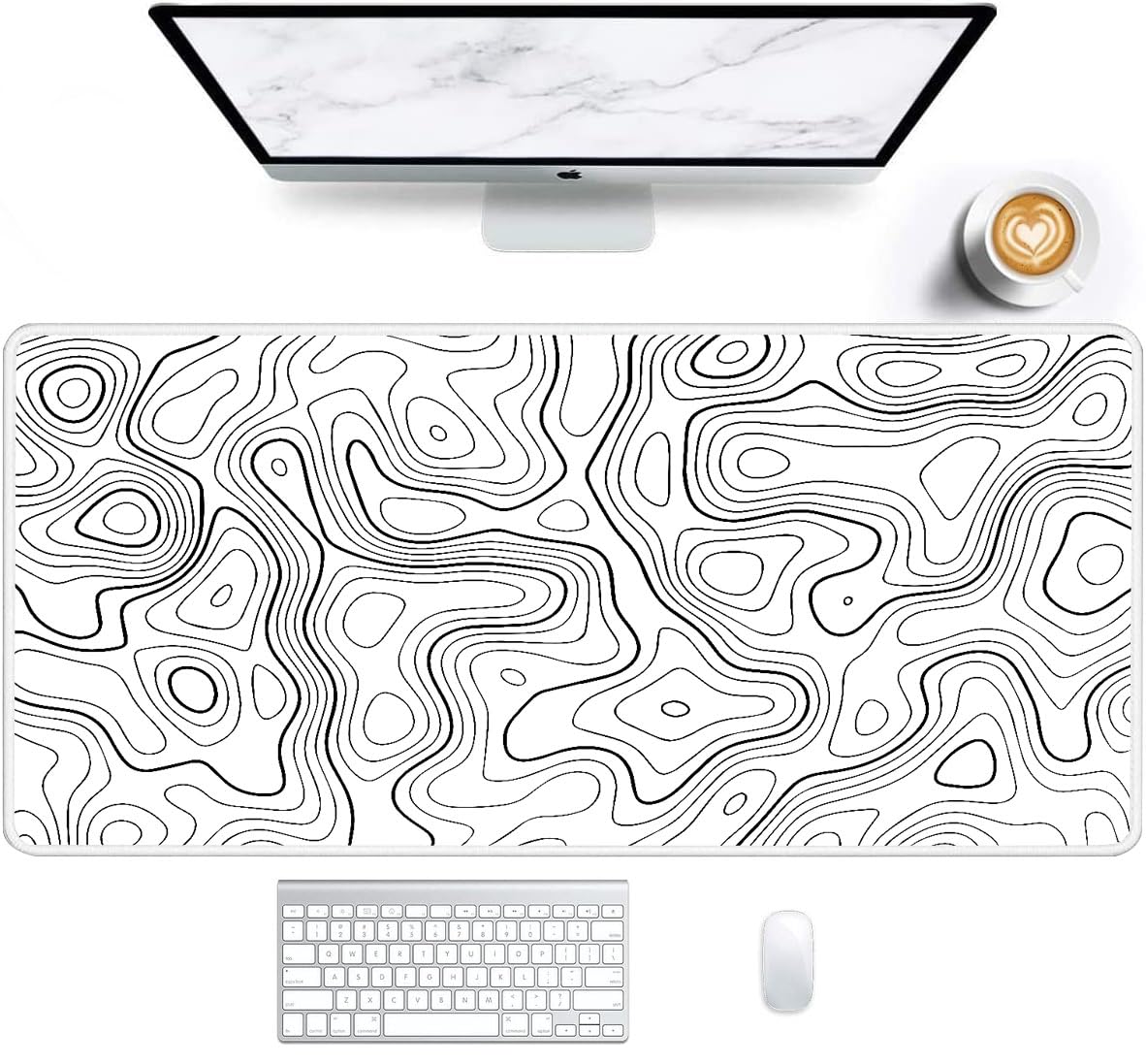 Extra Large XXL Gaming Mouse Pad - 35.4x15.8 Inch Non-Slip Desk Mat with White Topographic Design for PC, Laptop, Office & Esports | Smooth Tracking Surface for Gamers & Professionals