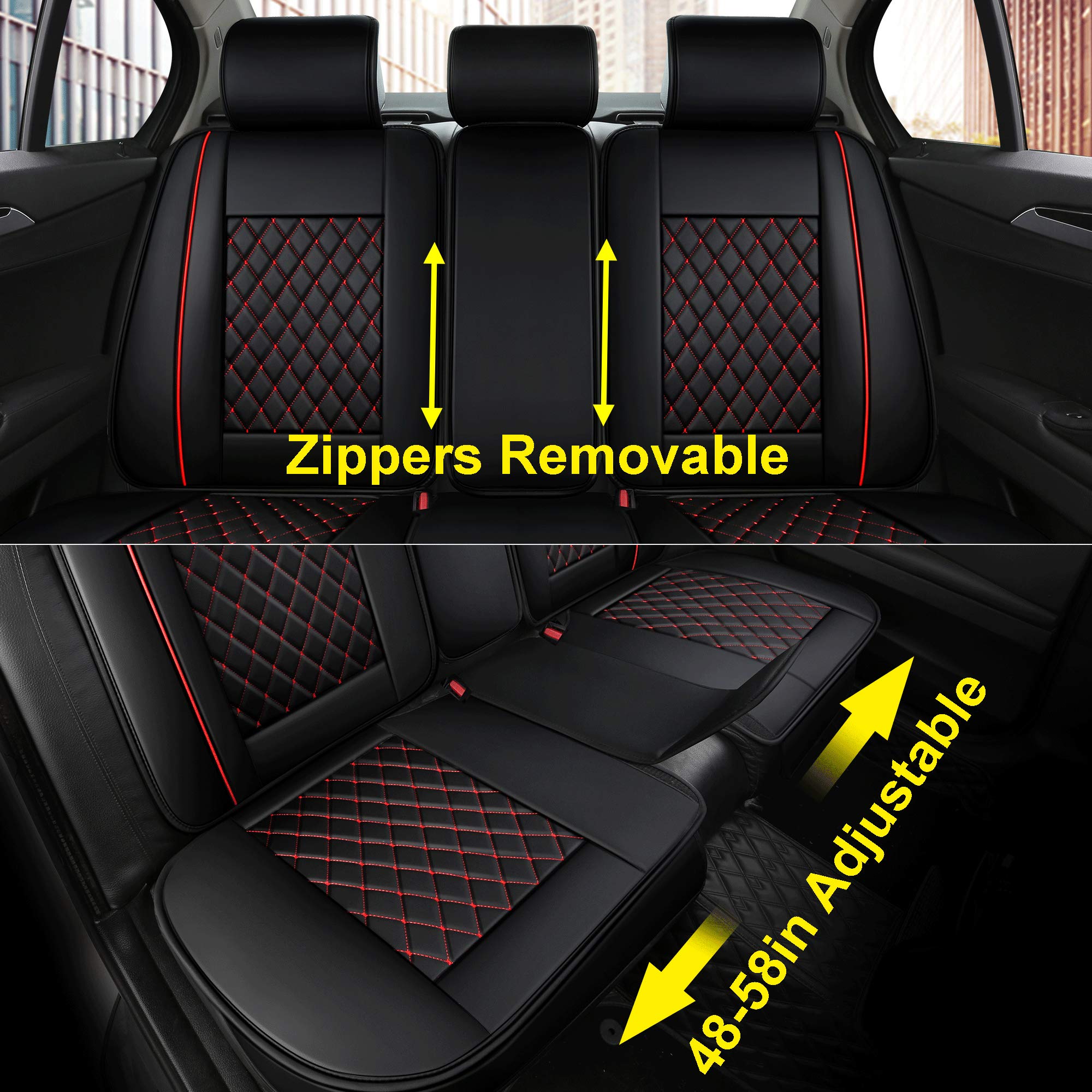 Easy to Clean Synthetic Leather Car Seat Cushions - Universal Fit Car Seat Cover for Toyota Corolla, Chevy Cruze, Subaru Legacy, Chevy Malibu, Nissan Maxima, Toyota Tacoma (Black with Red Stitching, Full Set) | Waterproof & Comfortable for Daily Commute, Road Trips & Long Drives