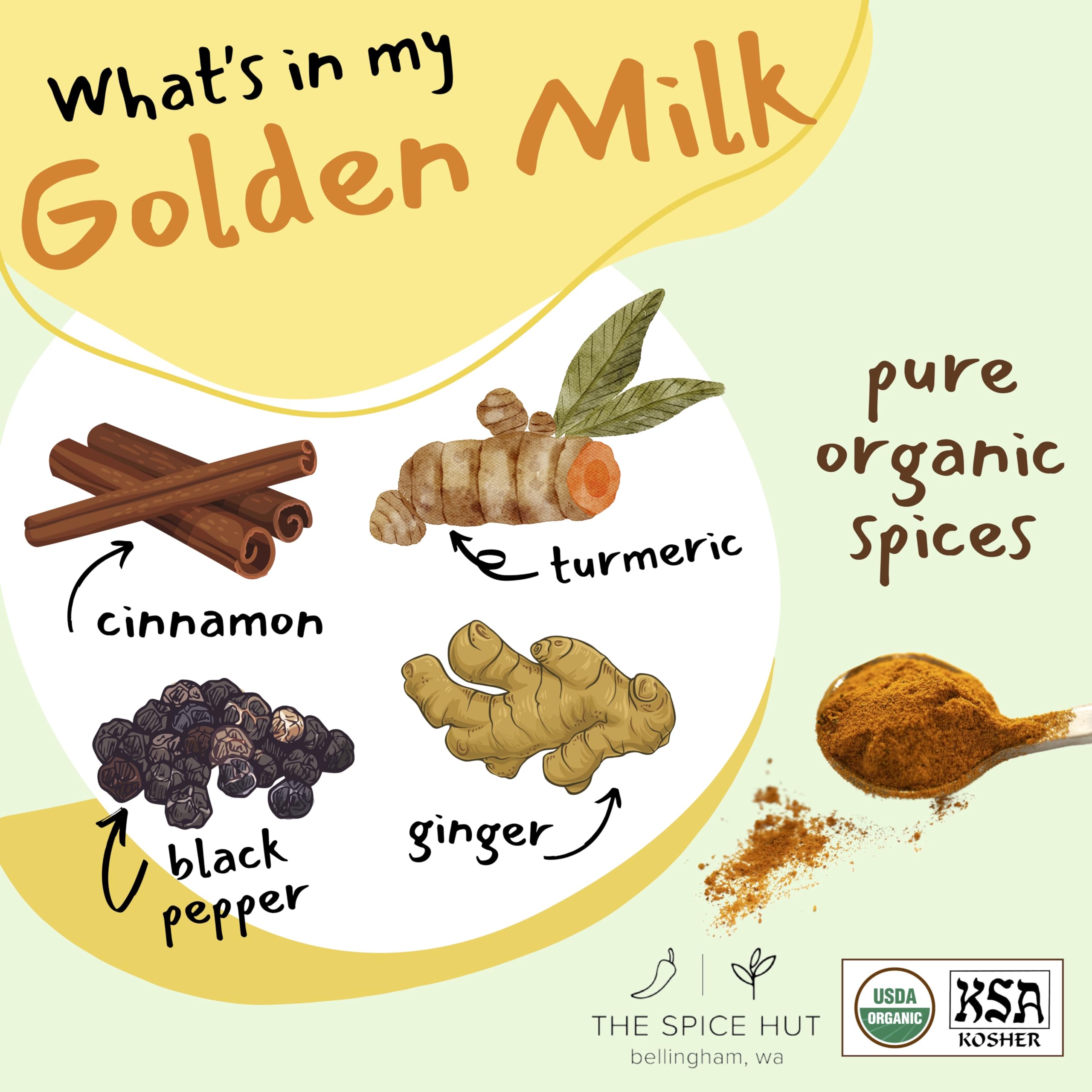 Organic Golden Milk Turmeric Powder with Ginger - All Natural, No Added Sugar, Vegan, Gluten-Free - 3.5 oz for Golden Milk Lattes, Tea, Smoothies & Wellness Drinks - The Spice Hut Premium Spice Blend