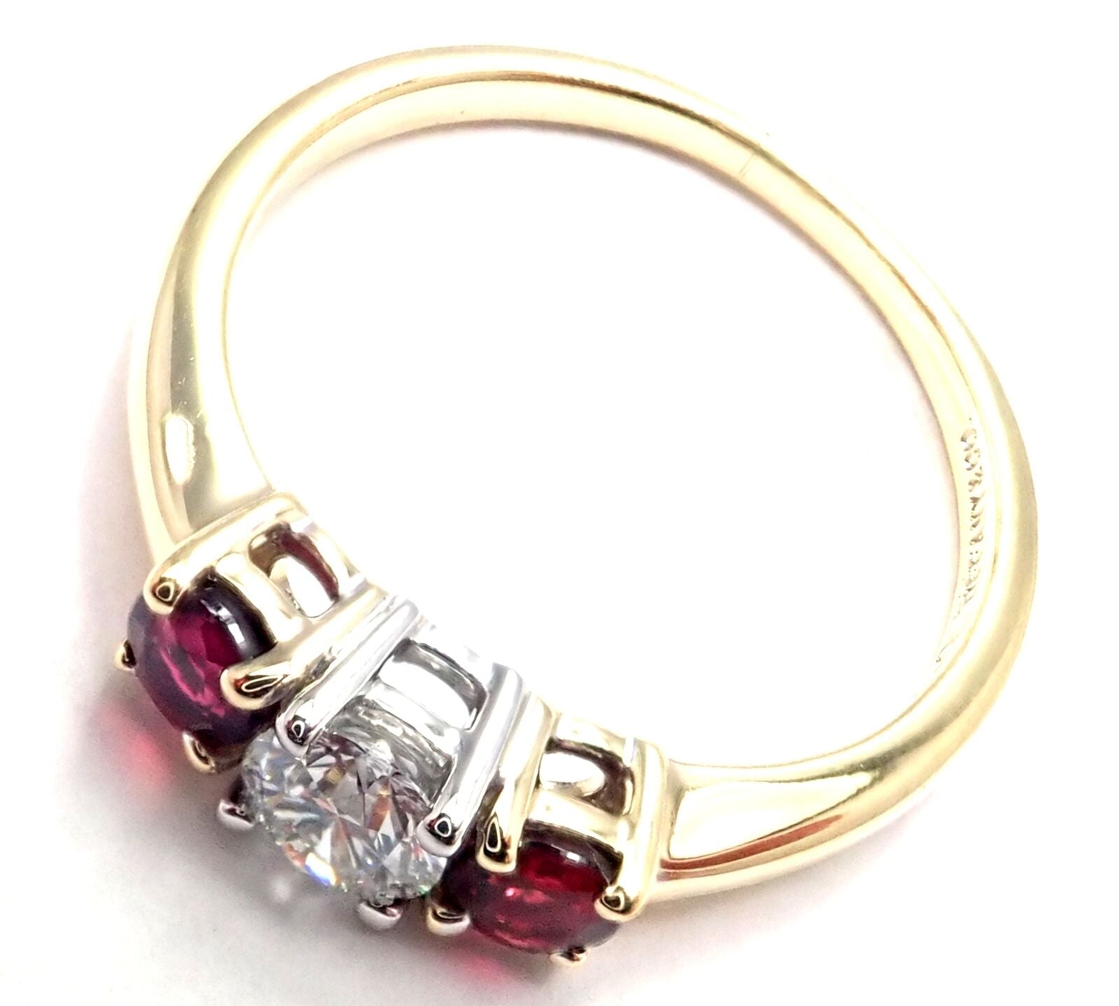 Authentic Tiffany & Co 18k Gold Platinum Three Stone Diamond Ruby Band Ring for Women - Elegant Wedding, Engagement & Anniversary Jewelry Gift