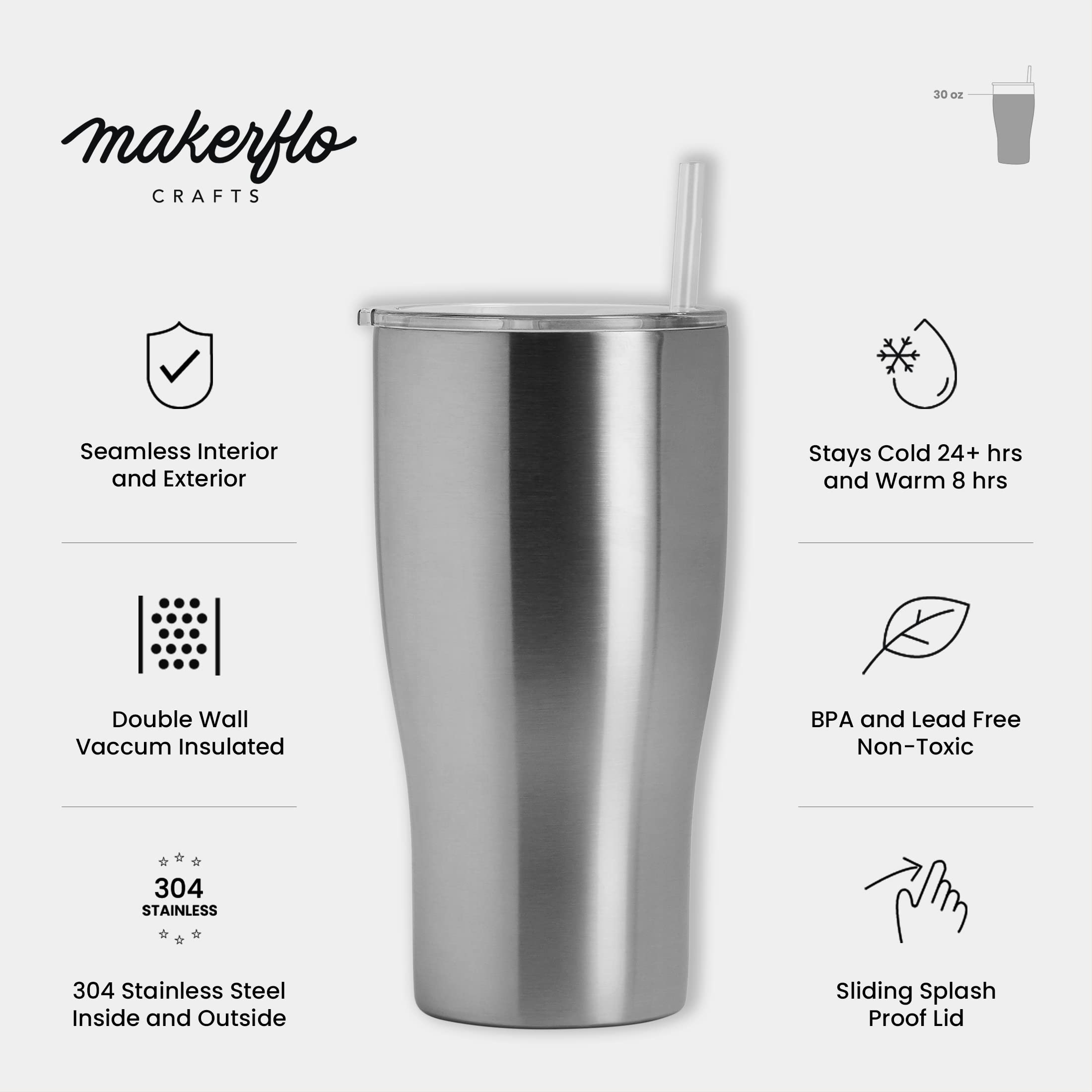 Makerflo Silver 30 oz Curve Stainless Steel Tumbler - Pack of 25 with Lid & Straw | DIY Customizable Cup for Epoxy, UV DTF, Vinyl & Laser Engraving | Perfect for Personalized Gifts, Promotional Events & Craft Projects - Not for Sublimation