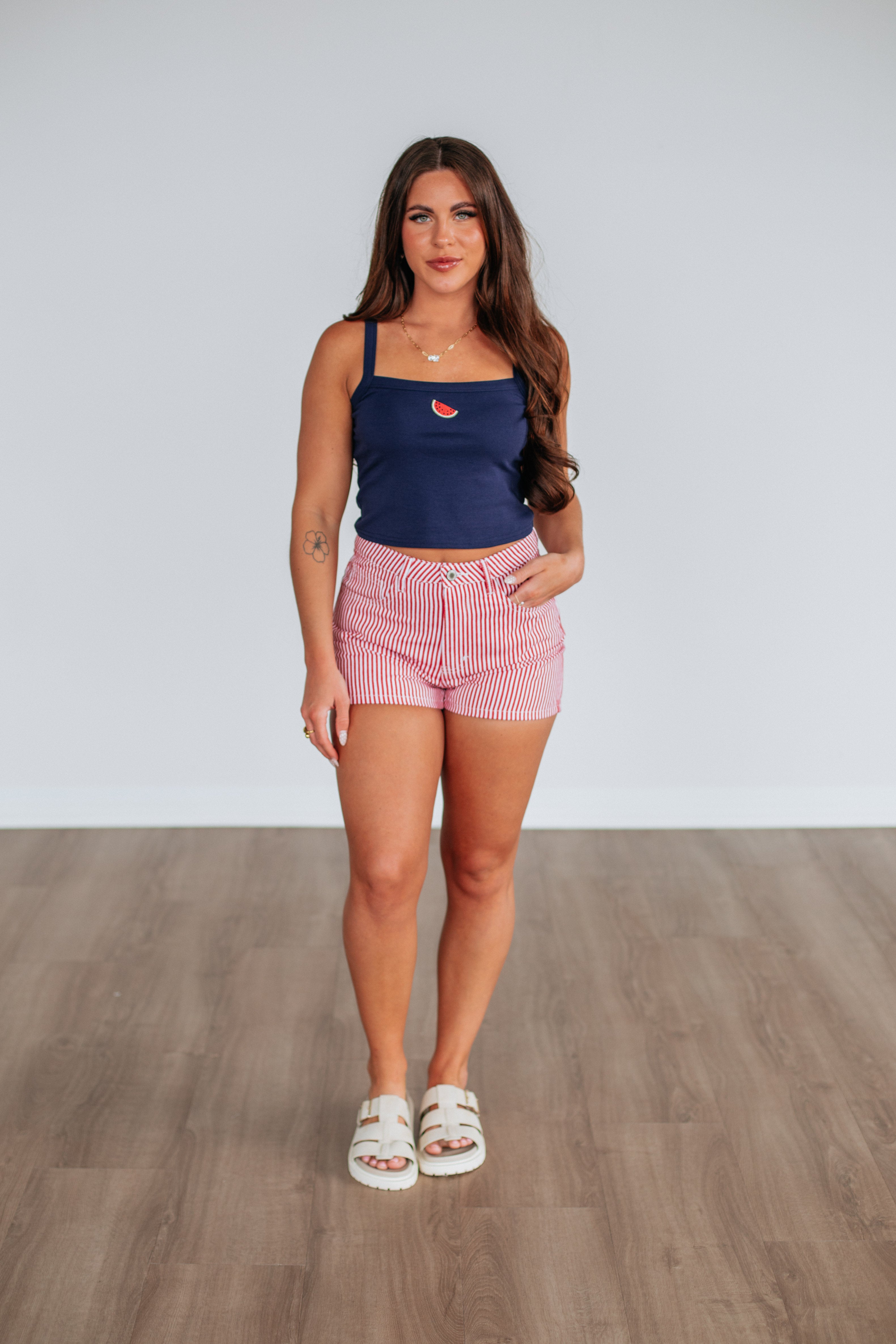 Dempsey Striped Denim Shorts for Women - Trendy Cherry Mix Color - Perfect for Summer Outfits, Beach Vacations & Casual Wear