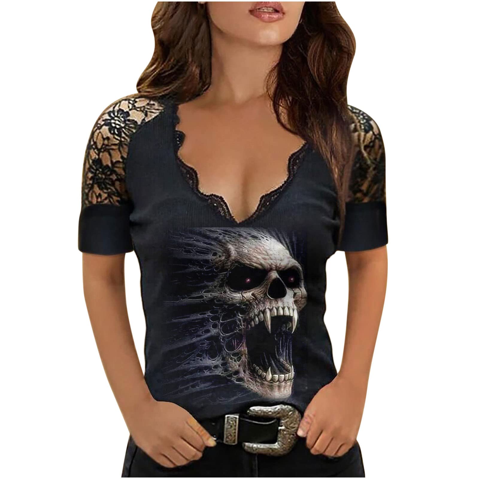 Women's Lace Summer Tops - Plus Size Skull Print Short Sleeve V-Neck Shirts | Casual Loose Fit Blouse for Beach, Party & Everyday Wear