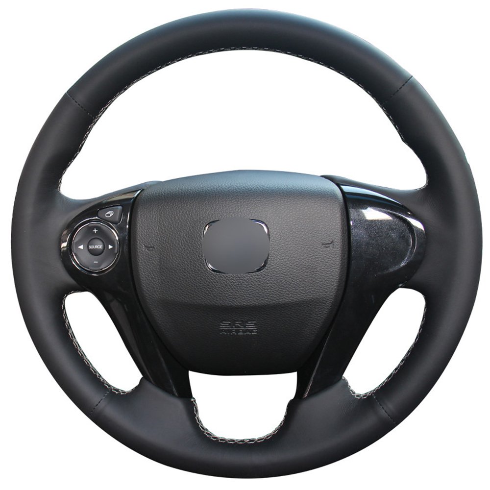 Genuine Leather Steering Wheel Cover for Honda Accord 2013-2017 & Crosstour 2013-2015 - Custom Fit, Anti-Slip Grip, Luxury Car Accessories (Black) - Perfect for Daily Commute & Road Trips