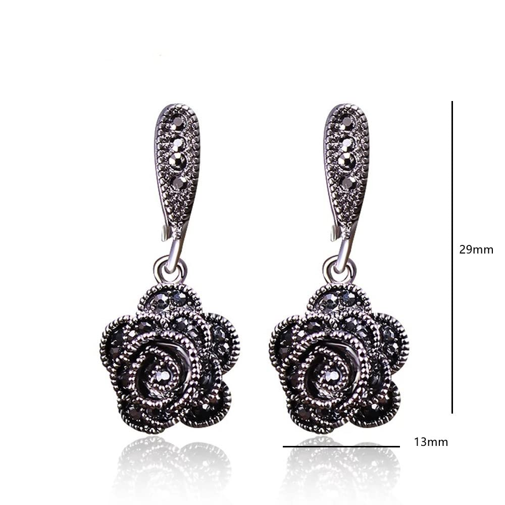 Vintage Black CZ Rose Flower Drop Earrings for Women - Elegant Dangle Jewelry for Party, Wedding & Evening Wear