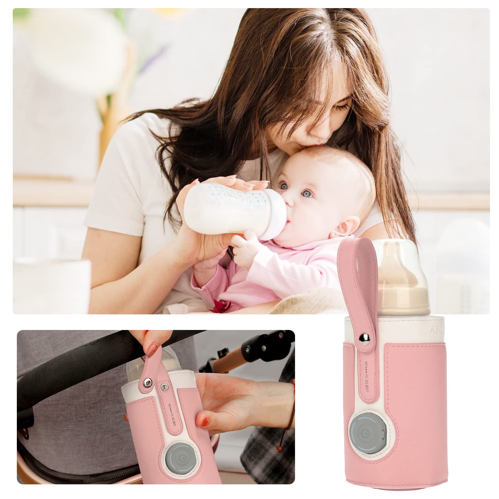 Portable USB Baby Bottle Warmer Bag - 3-Temperature Adjustable Milk Heater & Insulated Travel Thermostat for On-the-Go Parents (Pink) | Perfect for Car Trips, Air Travel & Outdoor Feeding