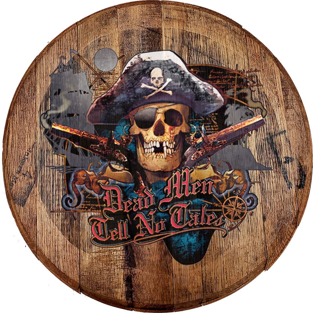 Oak Whiskey Barrel Head Wall Decor - Pirate Themed 'Dead Men Tell No Tales' Eye Patch Nautical Sign - Rustic Bar & Man Cave Accessories for Home, Pub, or Tavern Decor