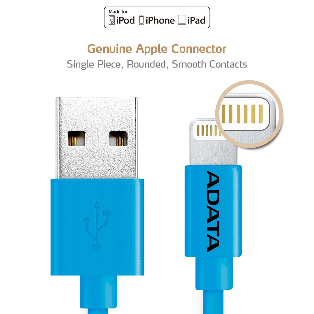 ADATA MFi Certified Lightning Cable for iPhone, iPad - 3.3ft Fast Charging & Sync Cable (Blue) - Durable & Tangle-Free for Home, Office, Travel & Car Charging