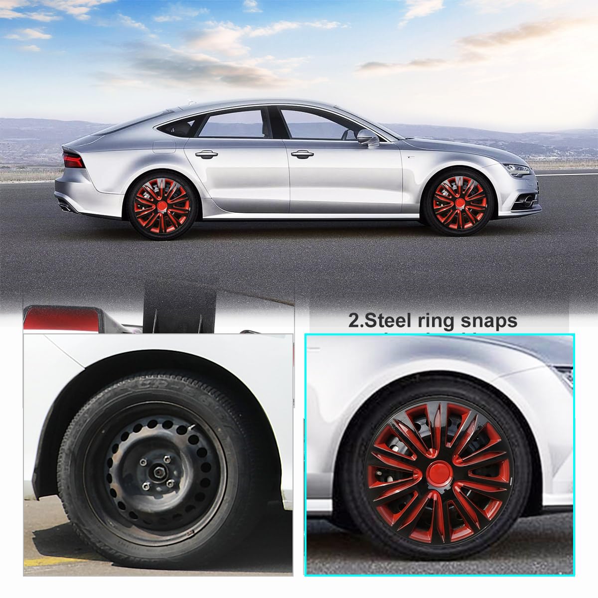 Universal 14 Inch Hubcaps - Snap On Wheel Rim Covers for Cars, Pickup Trucks & SUVs (4 Pack, Black & Red Lacquer) | Durable Replacement Exterior Accessories for R14 Wheels | Perfect for Road Trips, Daily Commutes & Vehicle Protection