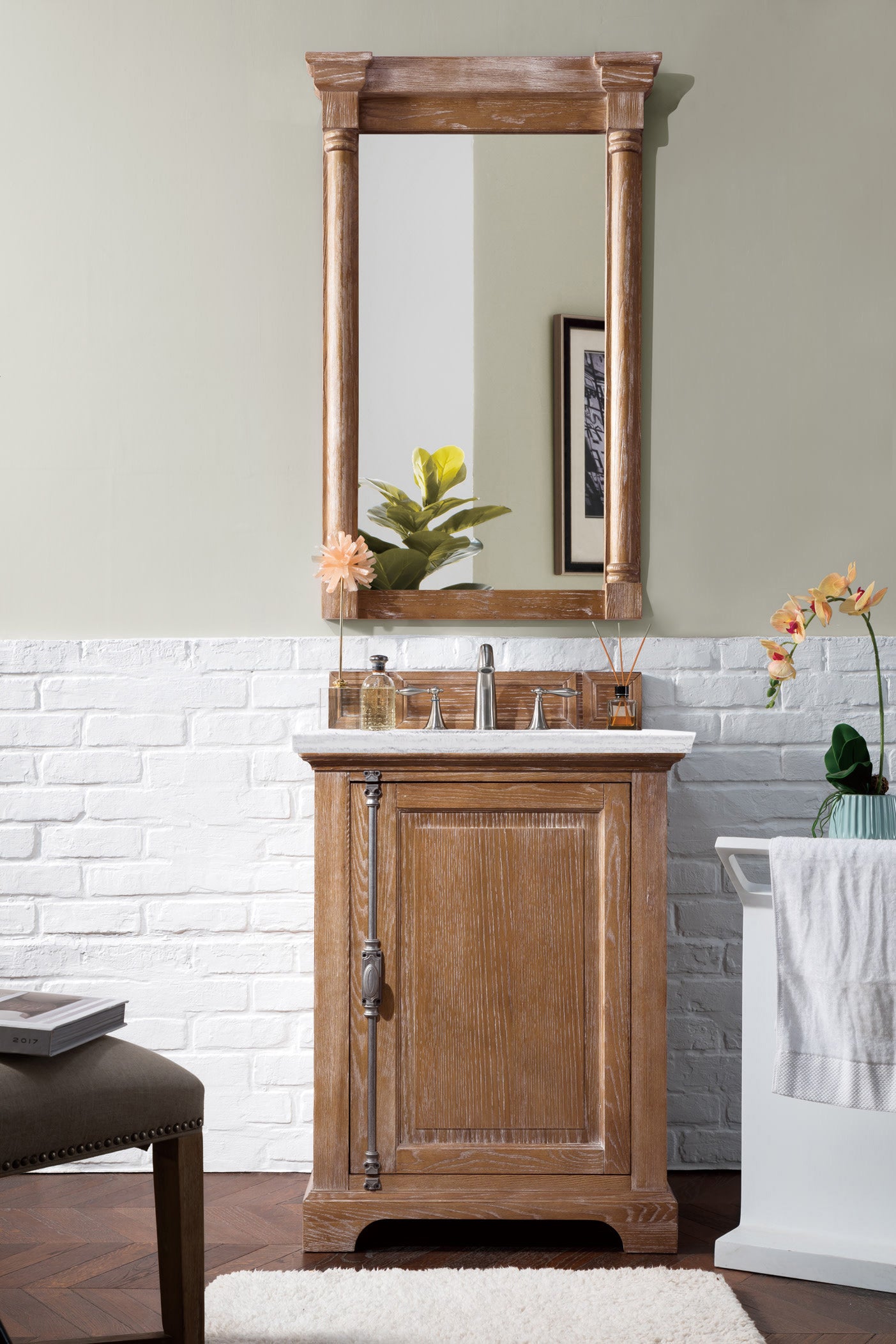 Providence 26 Inch Driftwood Bathroom Vanity with 3CM Arctic Fall Solid Surface Top - Perfect for Modern & Coastal Style Homes