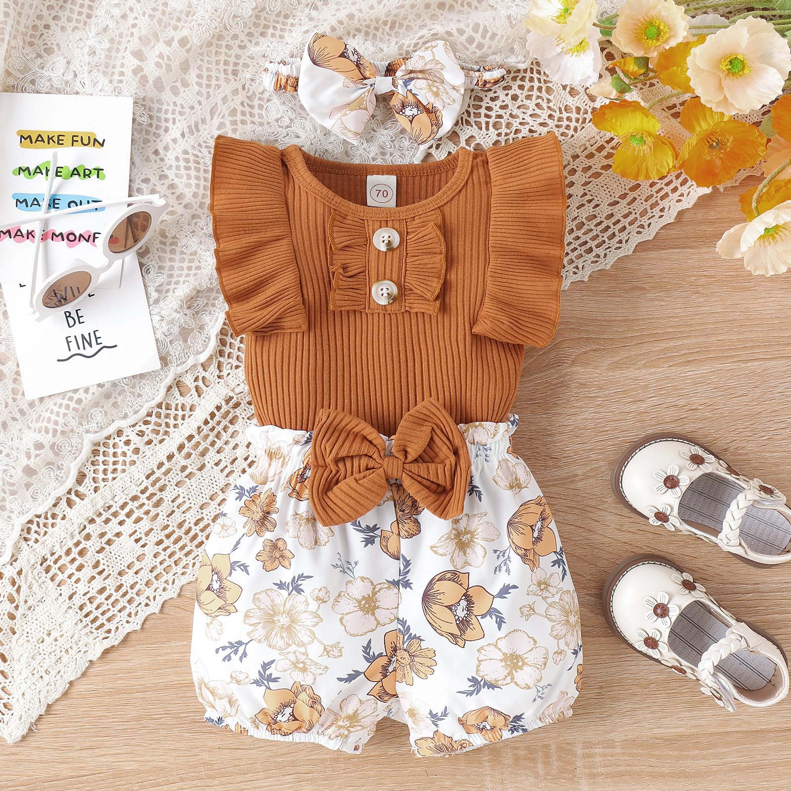 Adorable Newborn Baby Girl Clothes Set - Ruffle Romper, Shorts & Headband | Soft Cotton Infant Bodysuit Outfits for Photoshoots, Parties & Daily Wear