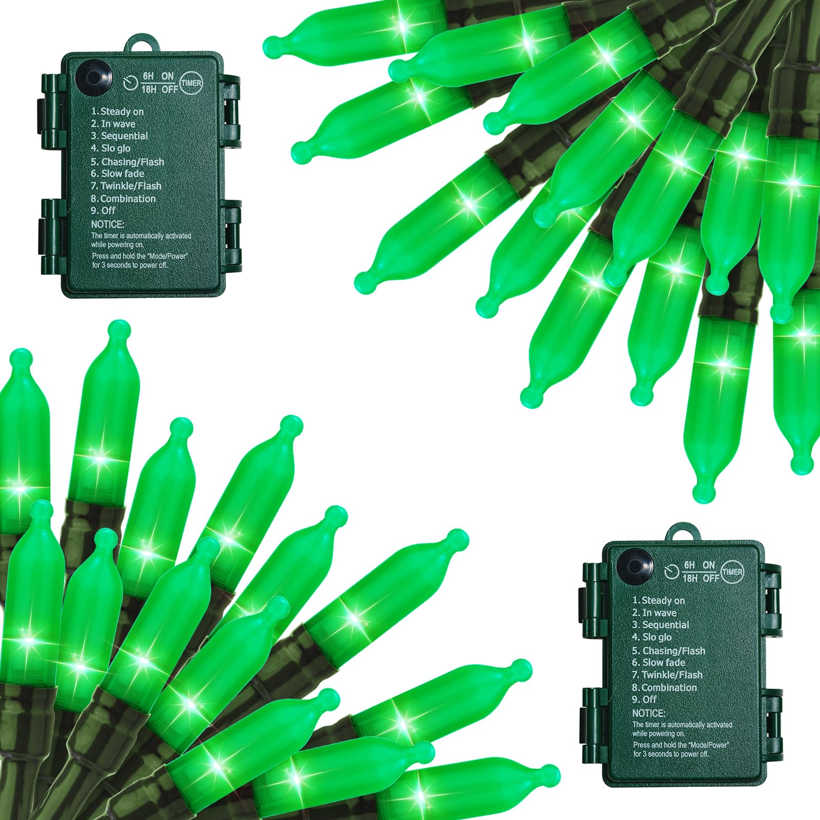 St. Patrick's Day Green String Lights - 2 Pack 50 LED Battery Operated Fairy Lights (17.8ft) with 8 Lighting Modes, Waterproof for Indoor/Outdoor Use - Perfect for Christmas Trees, Holiday Parties, Patio Decor & Home Celebration Lighting