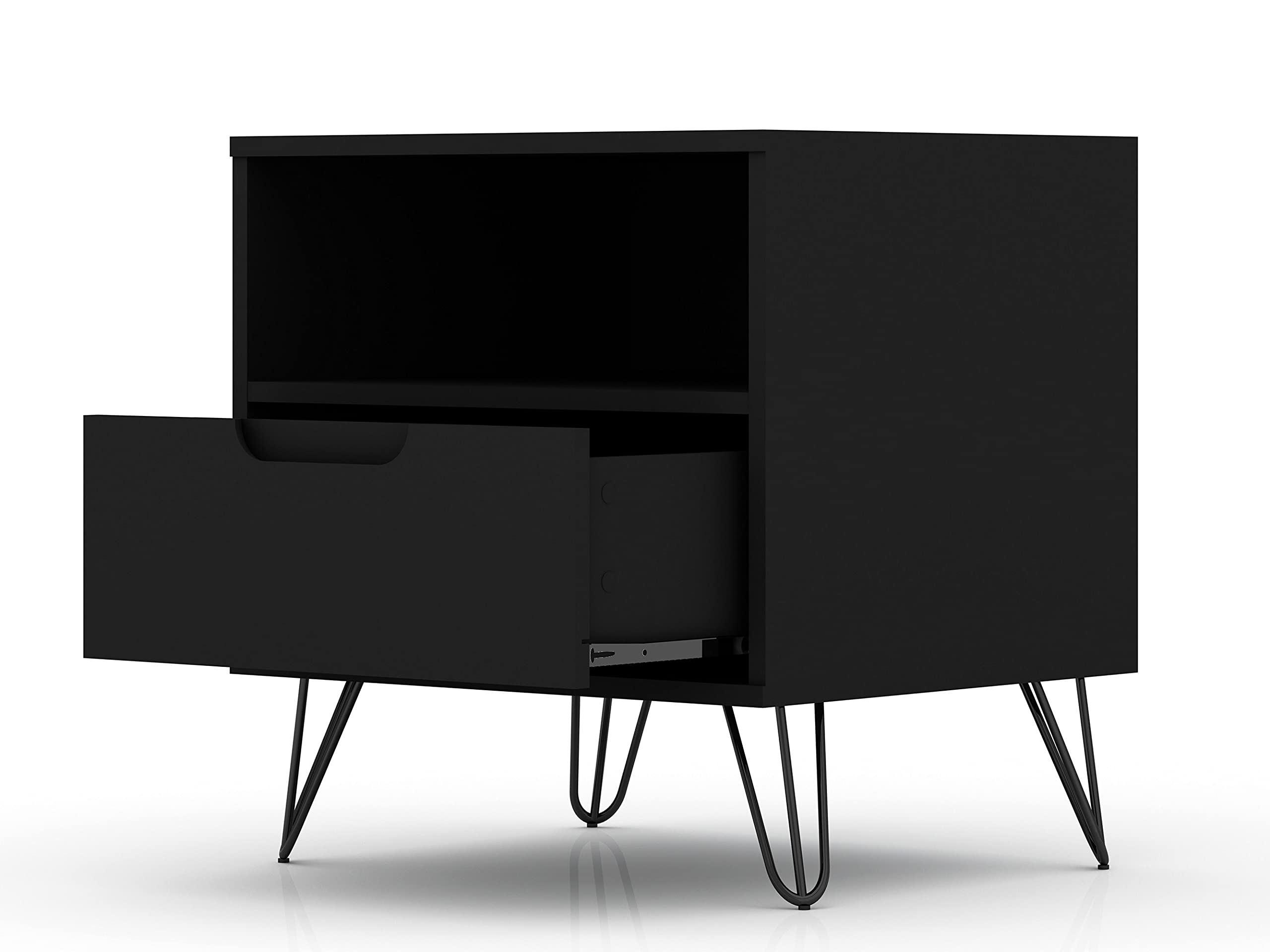 Mid Century Modern Nightstands Set of 2 - Manhattan Comfort Rockefeller Bedside Tables with Drawer & Cubby Storage | Functional Bedroom & Living Room Furniture Organizer in Black | Perfect for Small Spaces & Guest Rooms