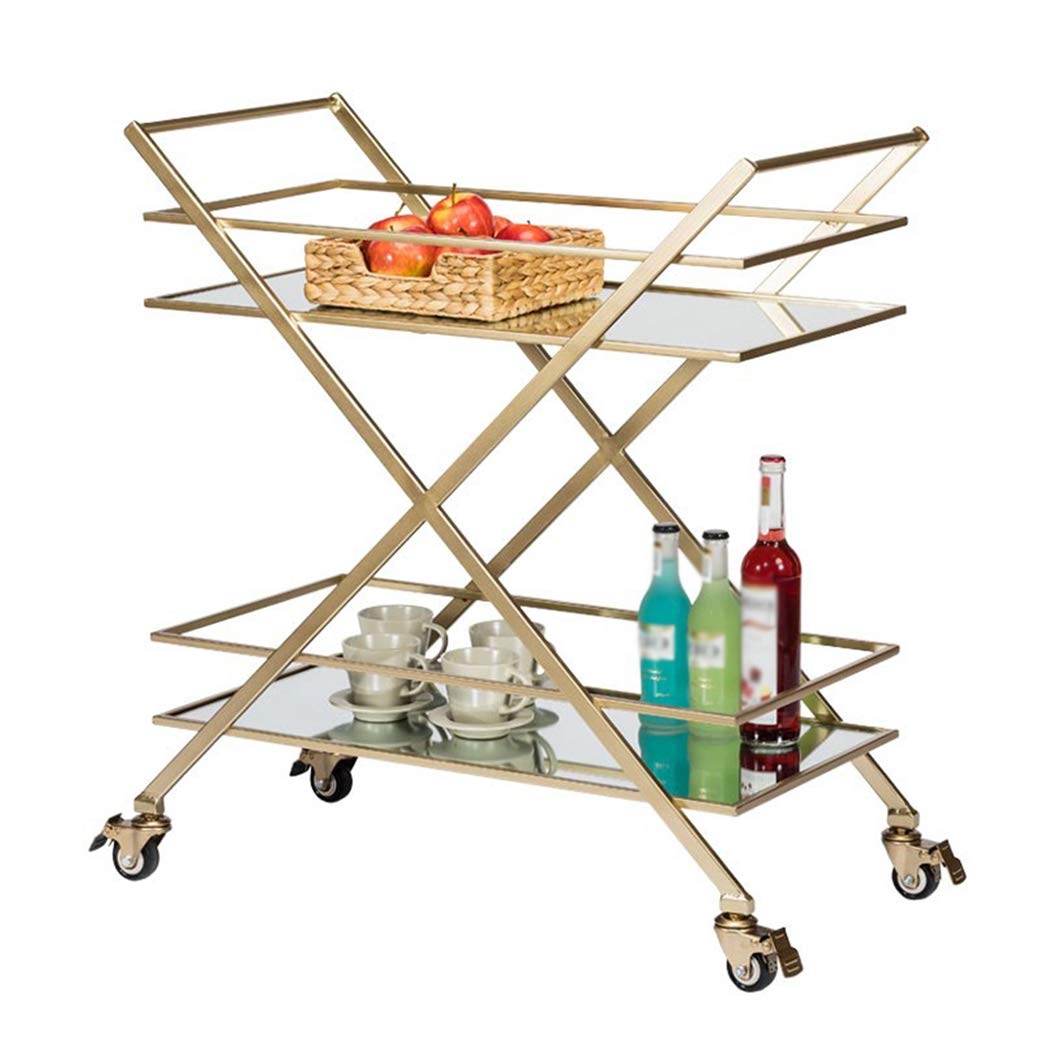SYTH Industrial Bar Cart with Iron Frame & Glass Shelves - Gold Liquor Display Cabinet for Home, Kitchen, or Pub | Perfect for Cocktail Serving, Wine Storage & Party Hosting