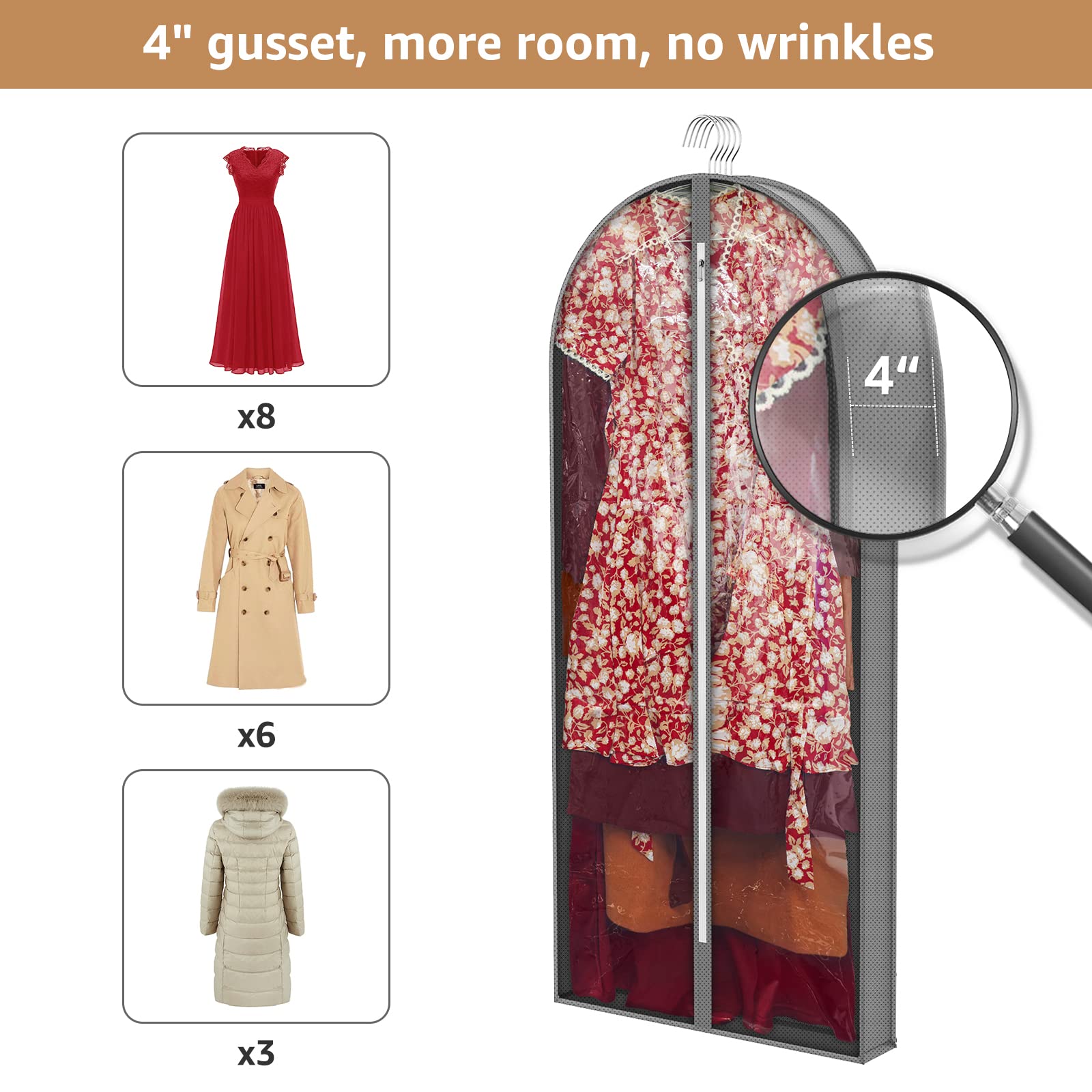 Long Clear Garment Bags for Dresses (60 Inches) - 3 Pack Foldable Hanging Clothes Storage Bags for Wedding Gowns, Formal Wear & Travel - Perfect for Closet Organization & Suitcase Packing