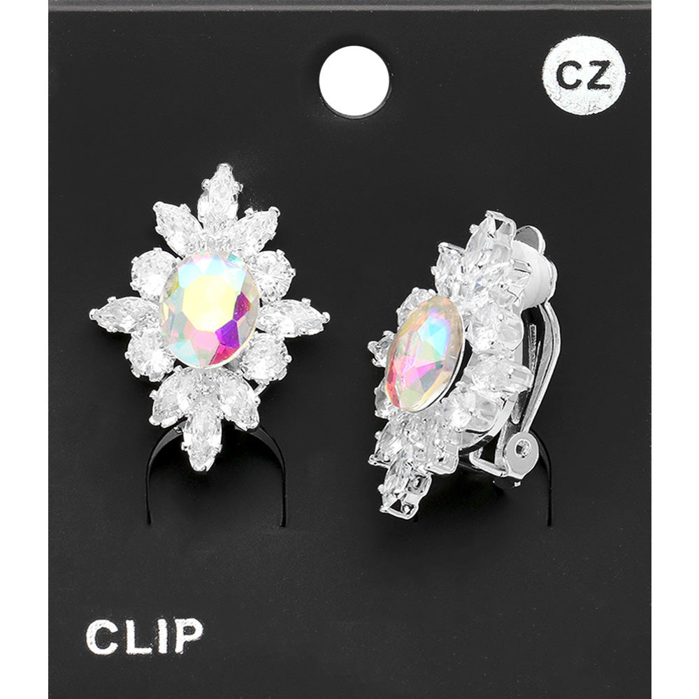 AB Oval Stone Clip-On Earrings with Clear Stones – Non-Piercing Stud Earrings for Women | Fashion Jewelry for Parties, Weddings & Special Occasions