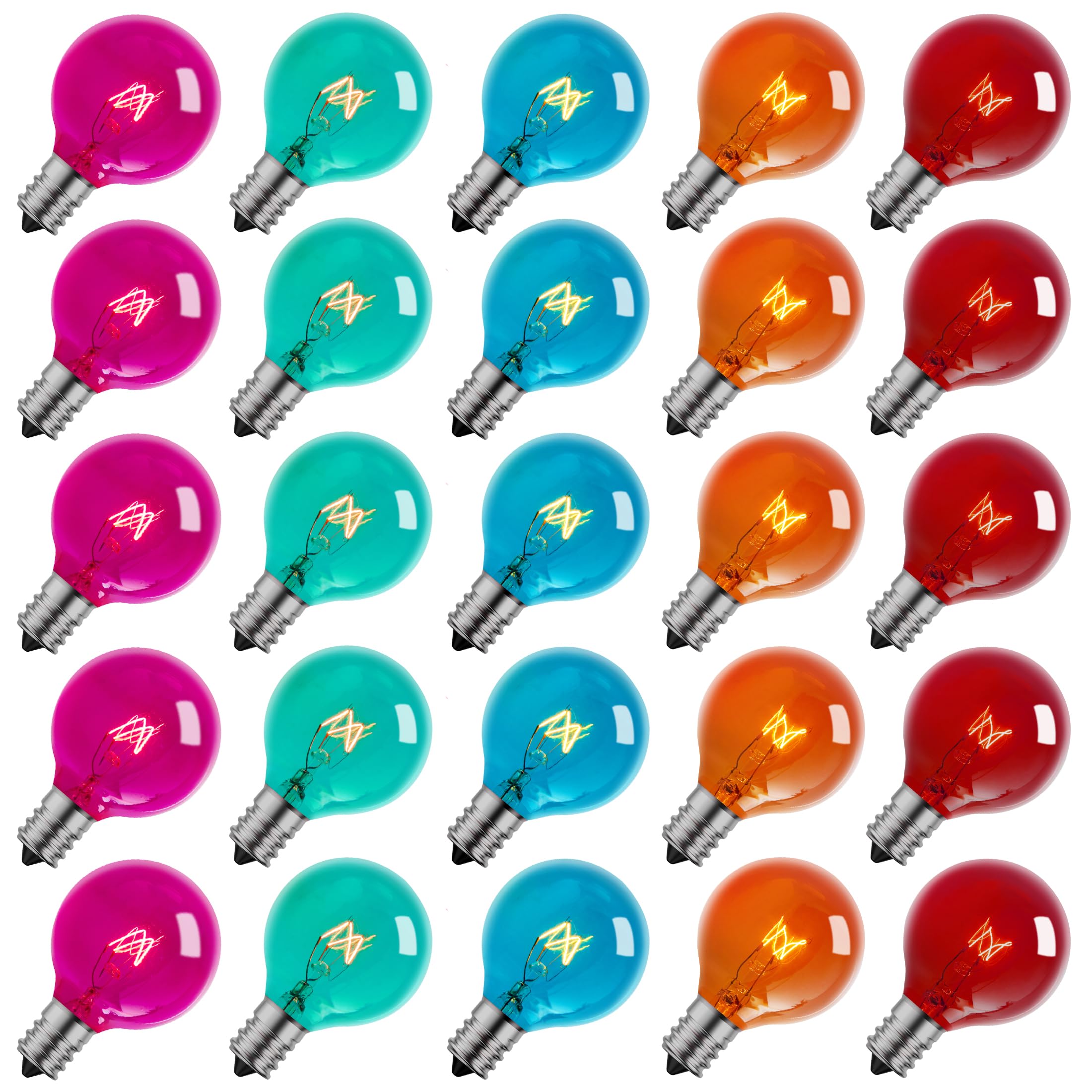 Brightown Multicolor G40 Christmas Replacement Light Bulbs - UL Listed 5W E12 C7 Candelabra Base Glass Bulbs with Vibrant Coating (25 Pack) - Perfect for Holiday Decorations, Tree Lighting, and Festive Home Displays