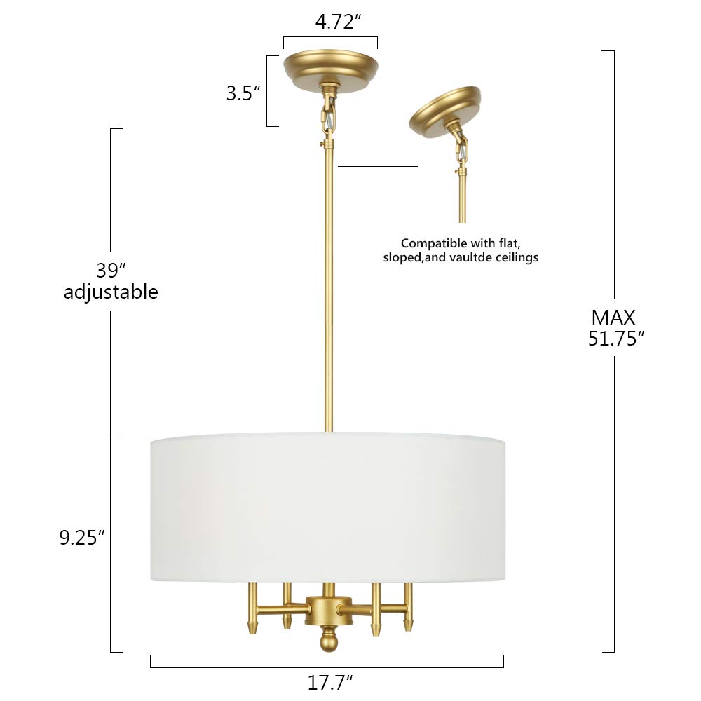 4-Light Modern Gold Chandelier with White Linen Drum Shade - 17.7