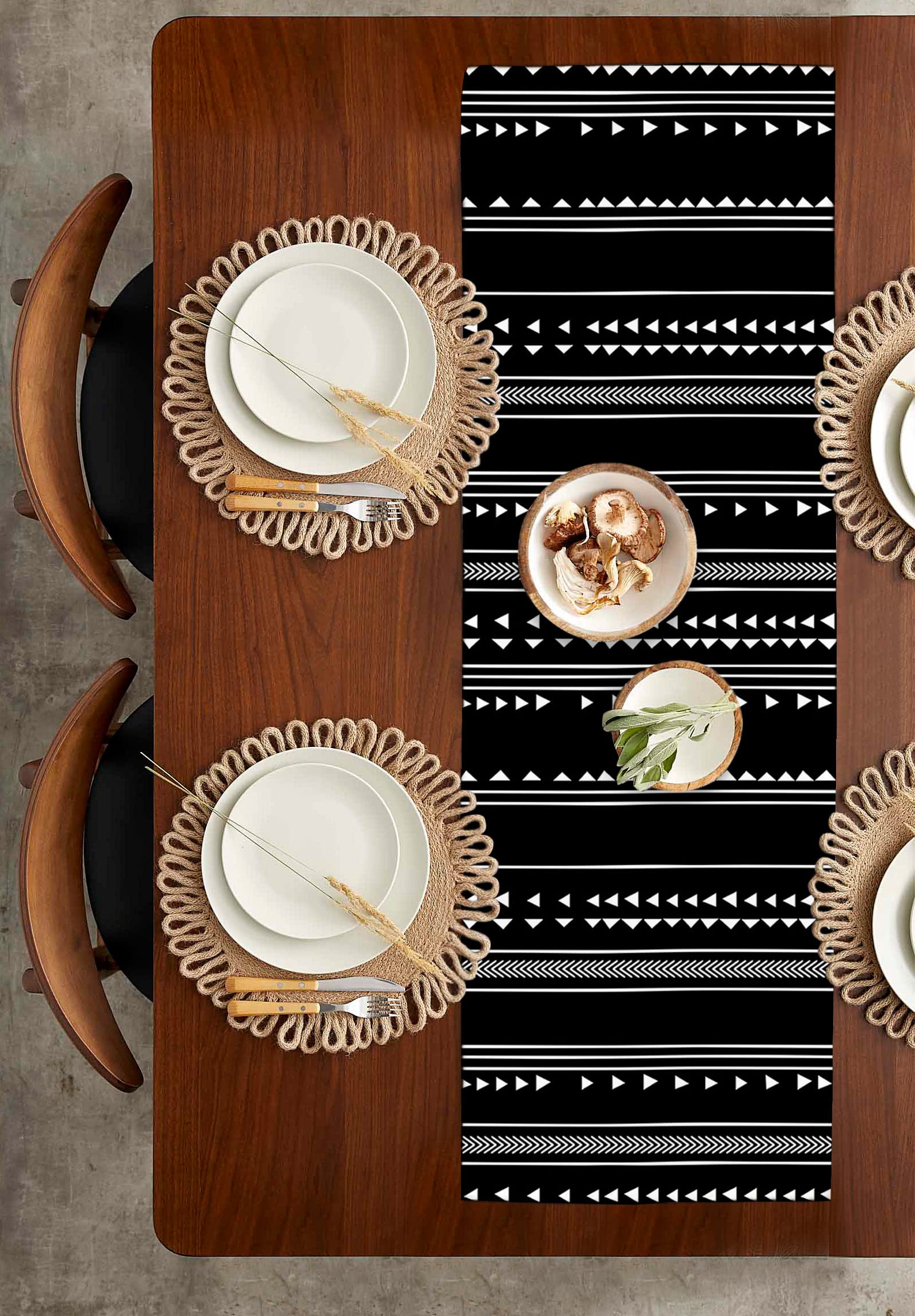 36 Inch Small Table Runner - Boho Black & White Geometric Stripes Dresser Scarf for Coffee Tables, Kitchen, Parties & Dinner Table Decorations | Perfect for Home, Wedding & Holiday Decor