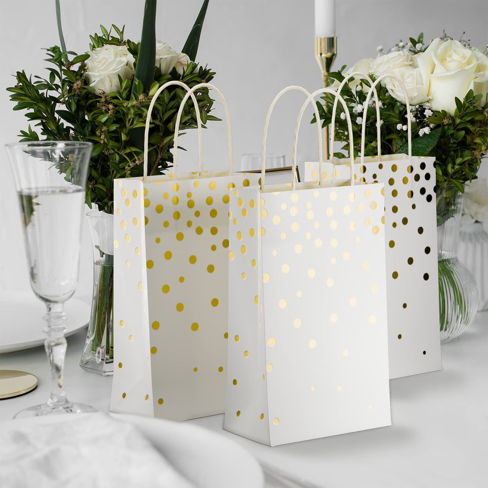 ECOHOLA 25-Pack White & Gold Foil Gift Bags with Handles - 9