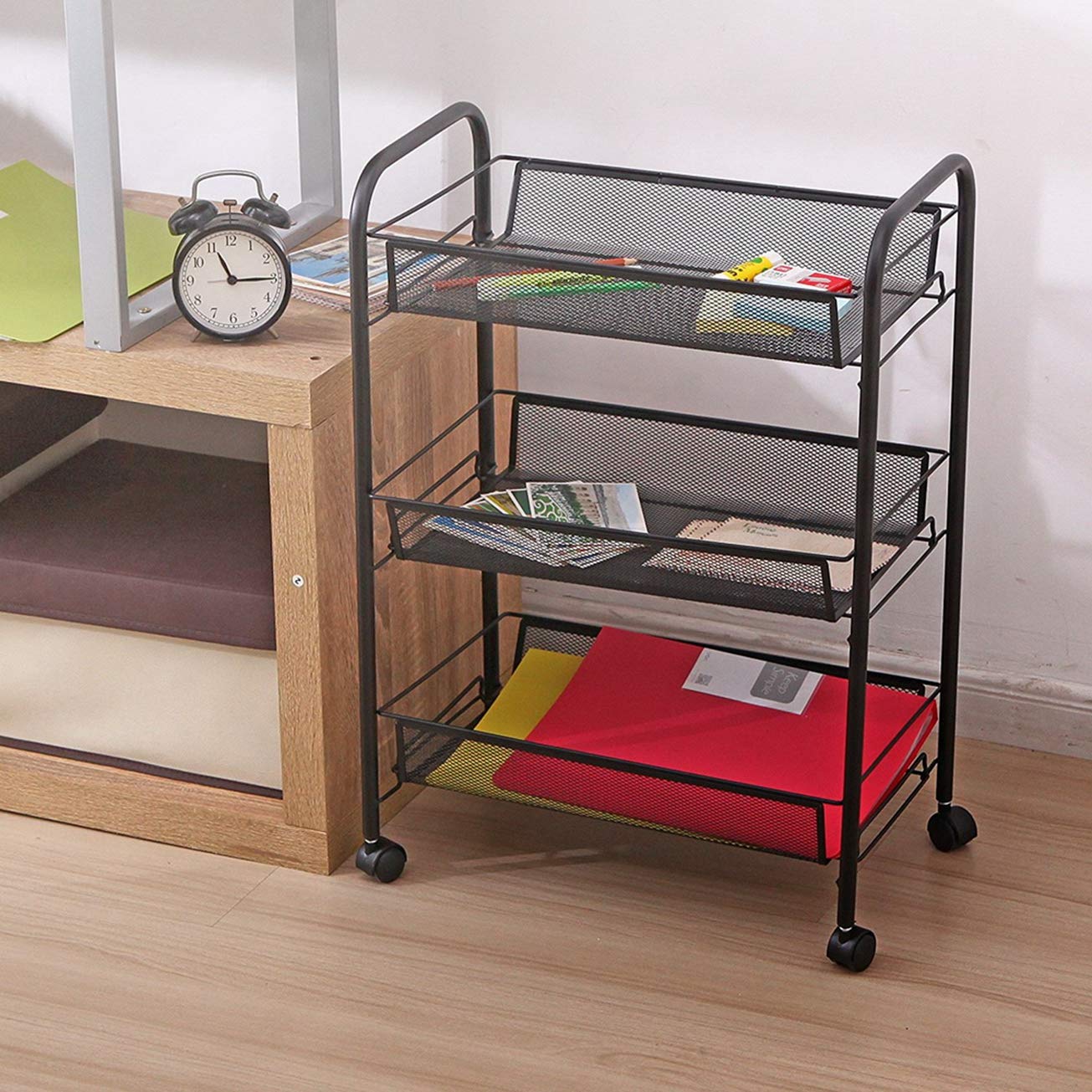 MITPATY 3-Tier Honeycomb Mesh Storage Cart with Hooks - Black Space-Saving Organizer Shelf for Kitchen, Bathroom, Living Room | Perfect for Pantry Organization, Bathroom Essentials & Home Decor