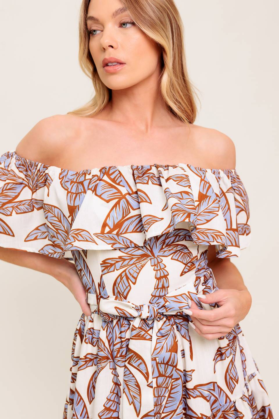 Palm Tree Print Off Shoulder Midi Dress - Summer Beach Vacation & Boho Chic Outfit
