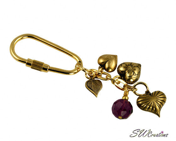 Natural Amethyst Crystal Gold Heart Charm Beaded Keychain - Stylish & Spiritual Gift for Women, Perfect for Keys, Bags & Home Decor