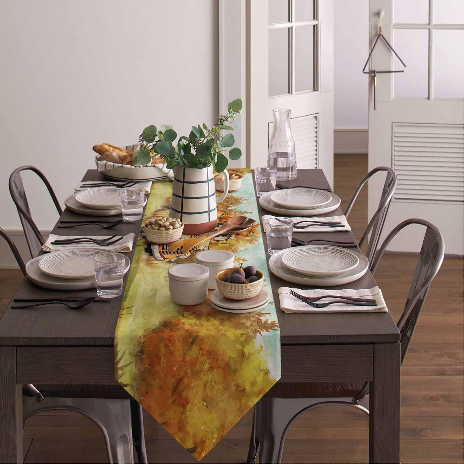 108 Inch Washable Linen Fall Thanksgiving Table Runner - Orange Truck Pumpkin Design for Farmhouse Dining, Kitchen Decor, Holiday Party & Dresser Scarf | Perfect for Autumn Gatherings, Thanksgiving Dinner & Seasonal Home Decoration
