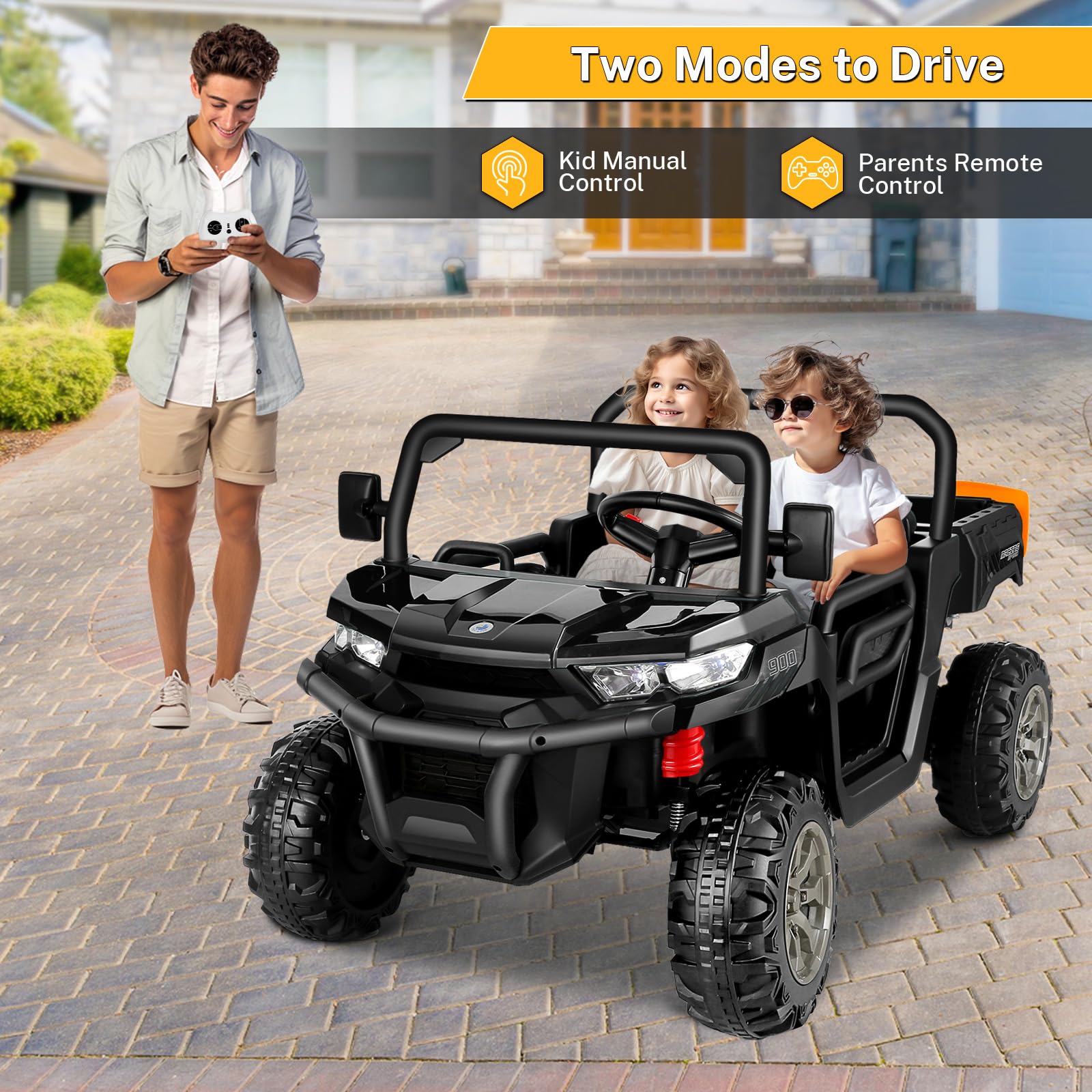 Hikole 24V Electric Ride On Dump Truck for Kids - 2 Seater Power Wheels with Remote Control, 3 Speed Settings, Music & Bluetooth - 24 Volt Battery Powered Toy Truck for Big Boys & Girls (Black) - Perfect for Outdoor Play, Backyard Adventures & Construction Pretend Play