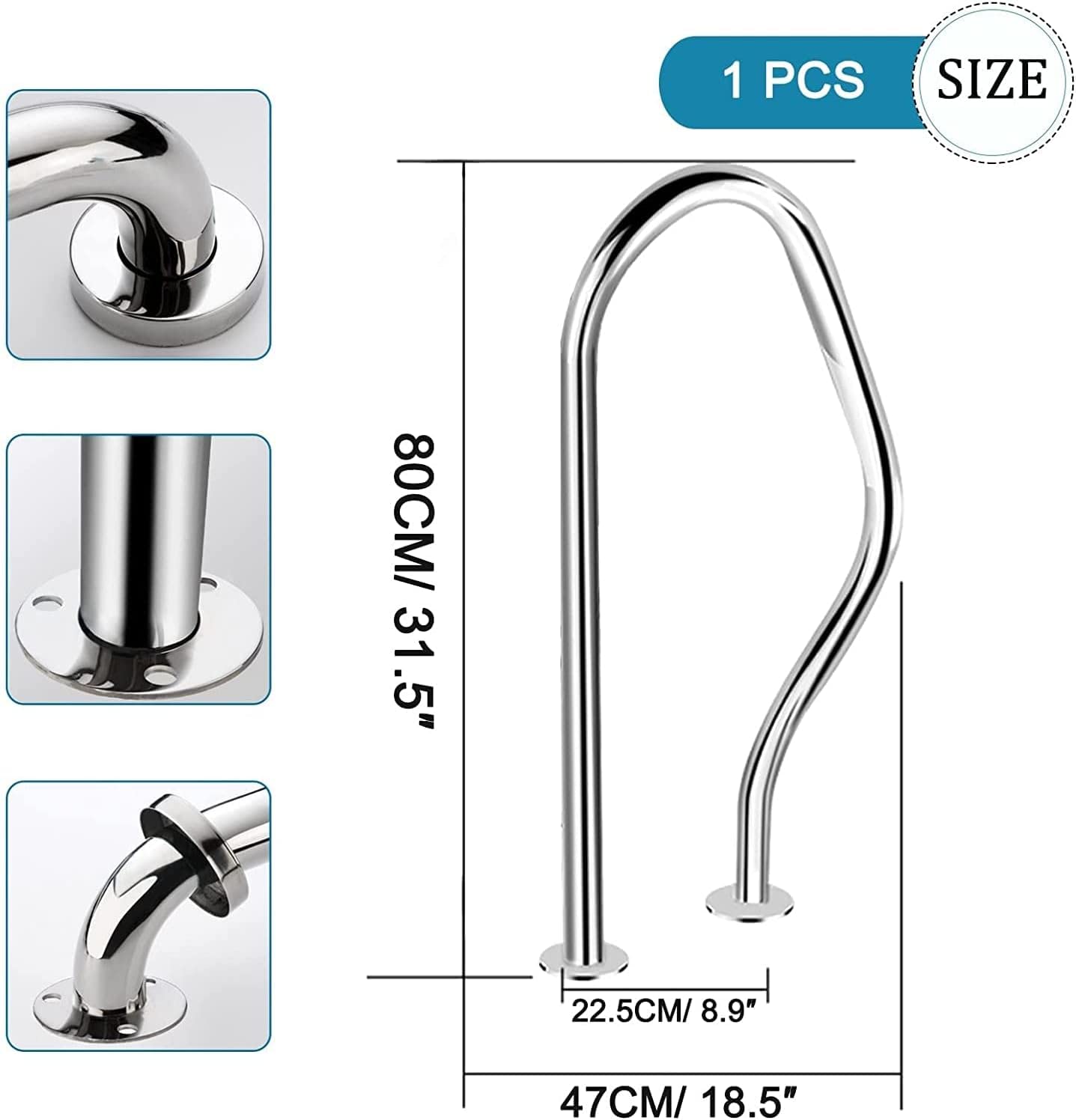 Pool Handrails Set of 1 - Stainless Steel Swimming Pool Railing for Inground Pools & Steps, 250kg Heavy-Duty Load Capacity - Ideal for Safety & Accessibility in Backyard, Residential & Commercial Pools