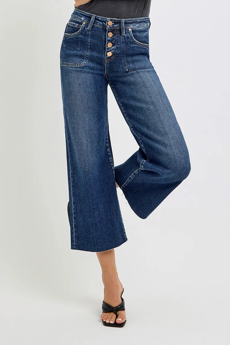 RISEN High Rise Crop Wide Leg Button Up Jeans for Women - Trendy Distressed Denim Pants for Casual Outfits & Street Style Fashion