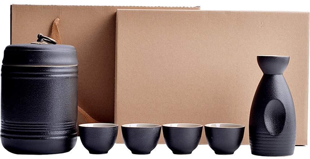 Premium Japanese Sake Set - 4 Ceramic Sake Cups & 1 Sake Pot with Lid + Warming Vessel - Authentic Traditional Sake Drinking Experience for Home, Restaurant, or Gift