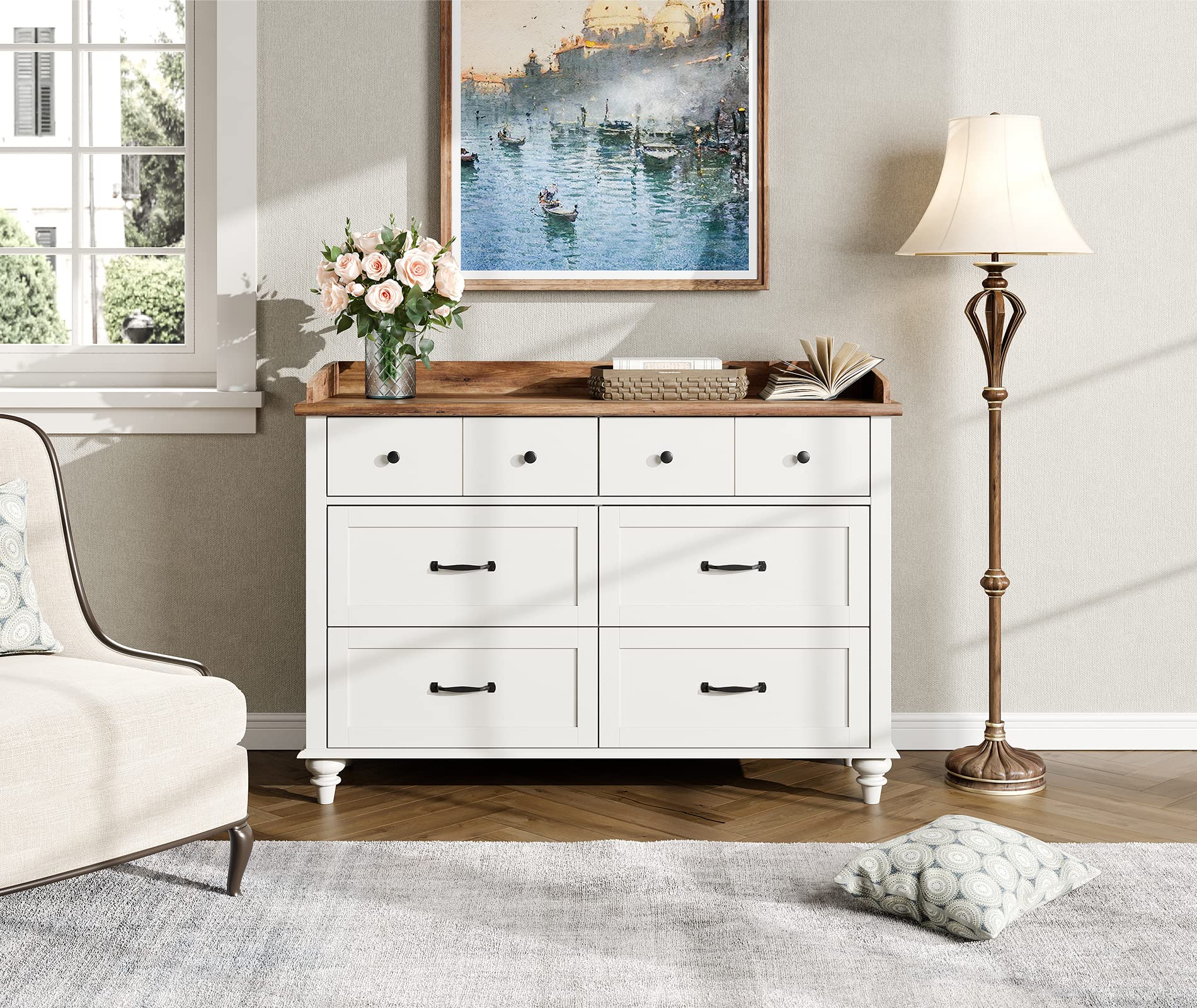 WAMPAT 2-Piece Mid-Century Modern Bedroom Set - 6-Drawer Dresser & Nightstand with Charging Station in White/Oak Finish | Perfect for Master Bedroom, Guest Room & Apartment Decor