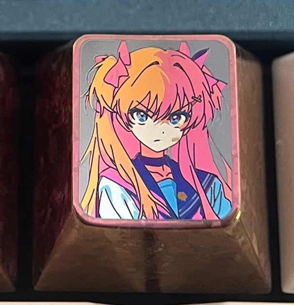 Custom EVA Asuka Dual Expression 1U Keycaps - Titanium Alloy Metal Artisan Keycaps for Mechanical Keyboards - Perfect for Gaming, Typing & Anime Fans