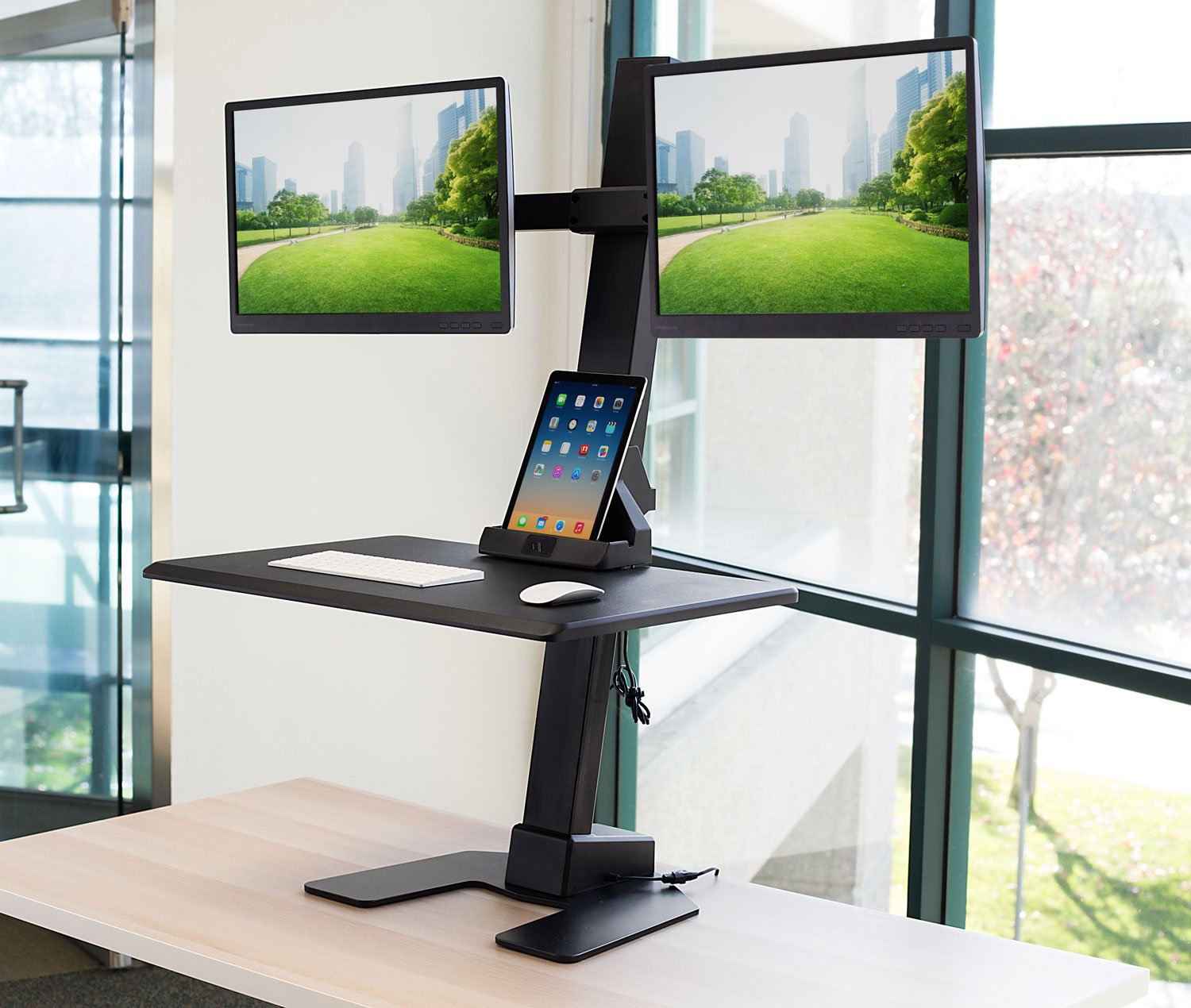 Mount-It! Dual Monitor Electric Standing Desk Converter - Adjustable Height Riser for 2 Screens up to 32