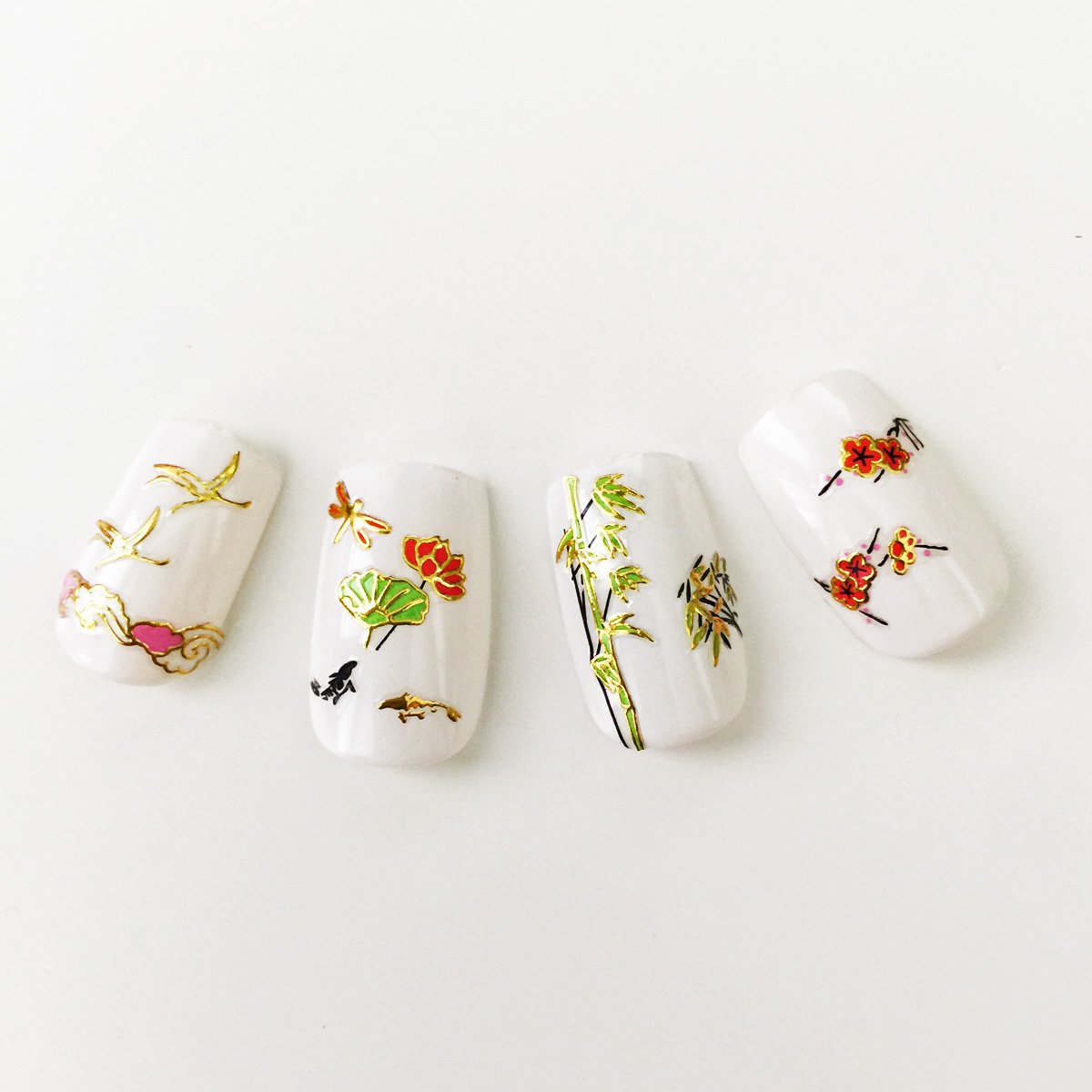 ALLYDREW 6 Sheets Japanese Cherry Blossom Nail Stickers Set - Floral Nail Art Decals with Bamboo, Gingko Leaves, Koi Fish, Dragonflies & Cranes (6 Designs) - Perfect for Spring Nails, DIY Manicures & Asian-Themed Parties