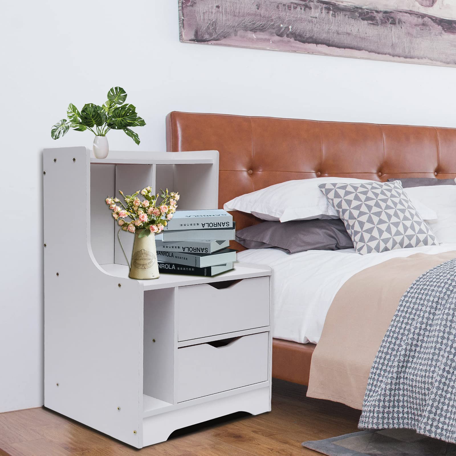 Modern White Tall Nightstand with 2 Drawers & Bookshelf - Wooden Bedside Table with Storage for Bedroom, Living Room & Office - Perfect for Organizing Books, Lamps & Bedroom Essentials