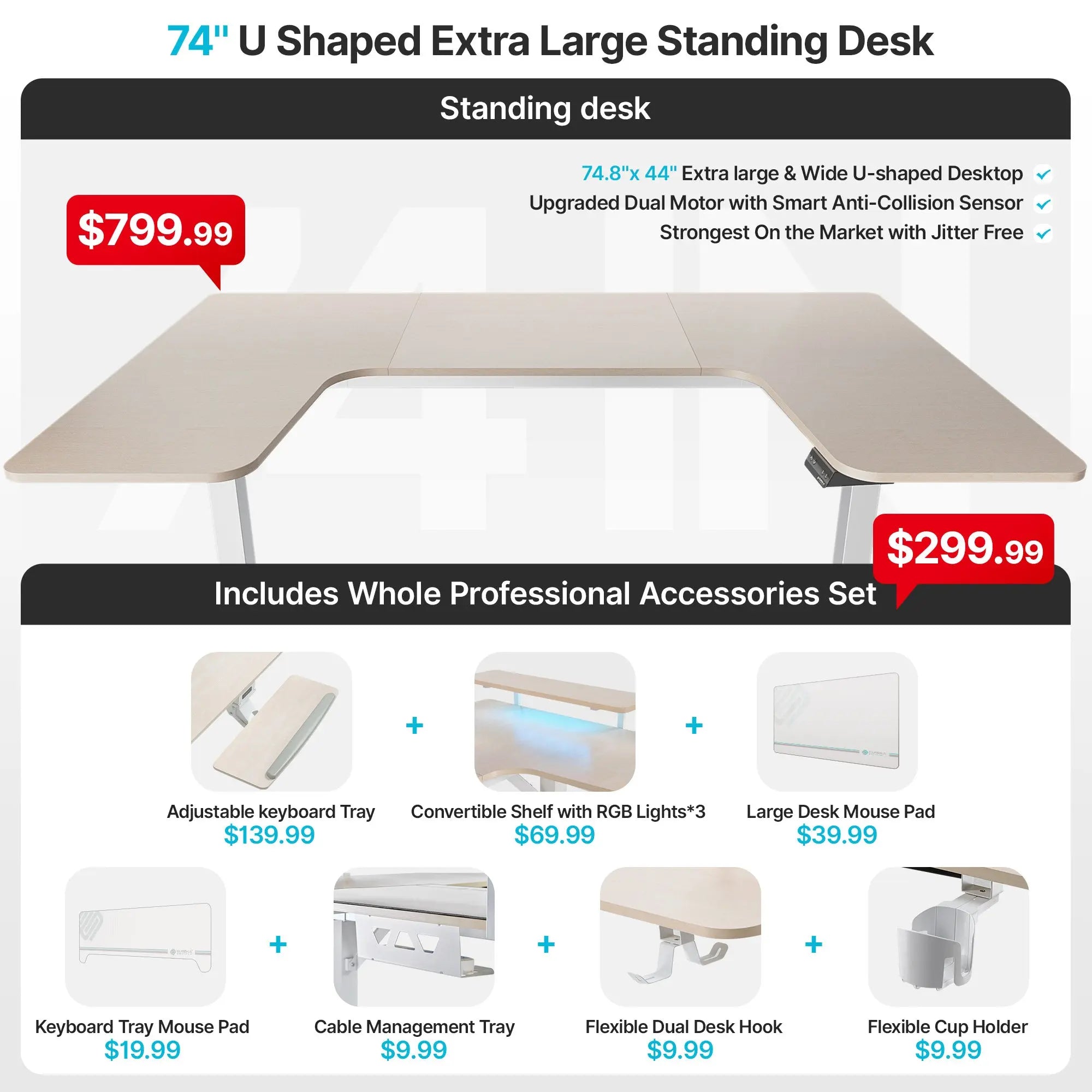 Ergonomic U-Shaped Standing Desk with Accessories Set (74x23 Inches) - Perfect for Home Office, Gaming & Workspace Setup