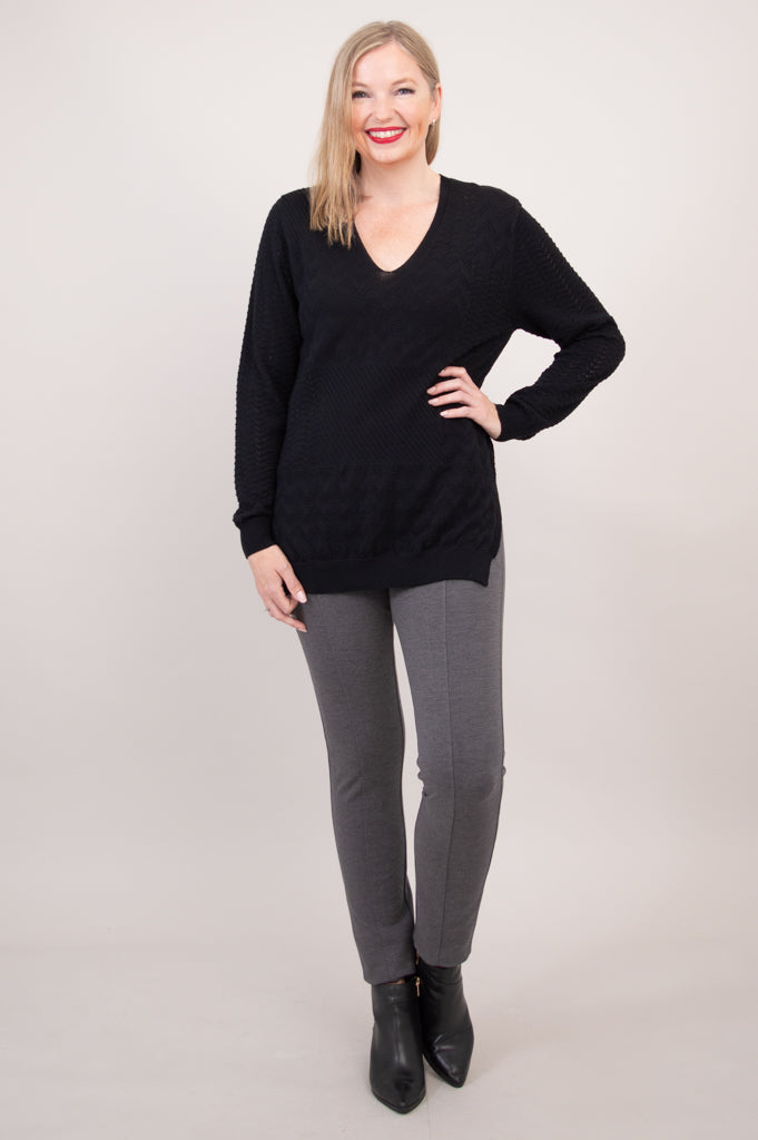 Greta Sweater Women's Black Cotton Knit Pullover - Cozy Casual Wear for Fall & Winter