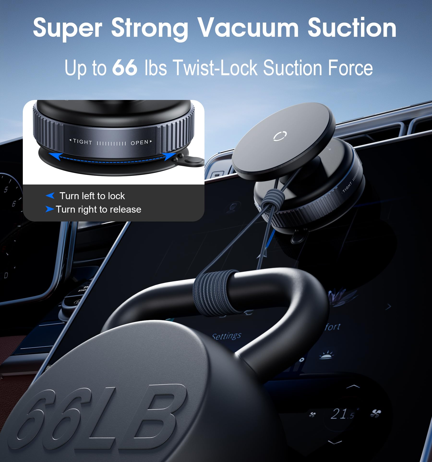 Ultra Strong Magnetic Car Phone Holder - Vacuum Suction Cup Phone Mount for iPhone 15 14 13 12 & Android - Secure Hands-Free Car Accessories (Black) - Perfect for Commuting, Road Trips & GPS Navigation
