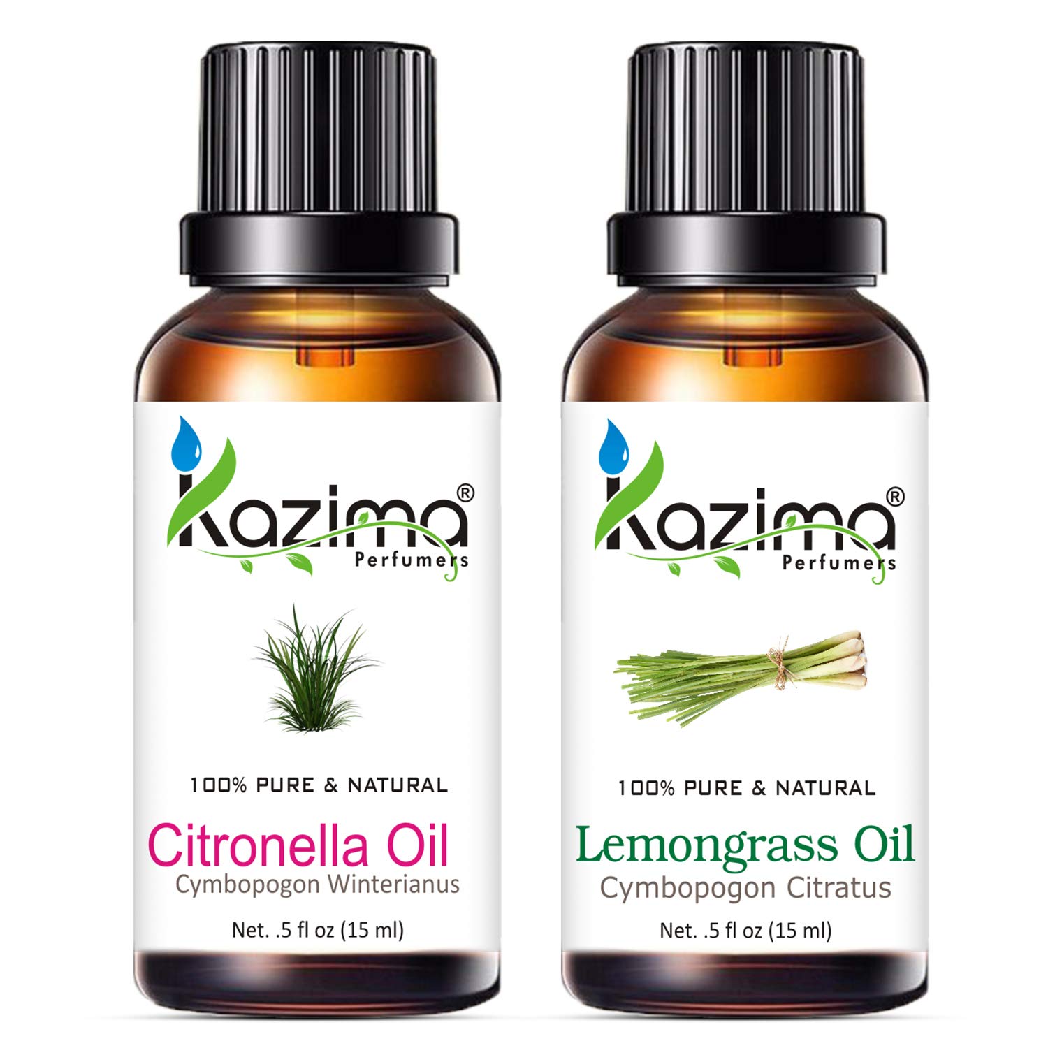 KAZIMA Citronella Oil & Lemongrass Essential Oil Set - 15ml Each | Natural Mosquito Repellent, Hair Growth, Acne Treatment & Aromatherapy | Perfect for Outdoor Camping, Spa Relaxation & Skincare Routine