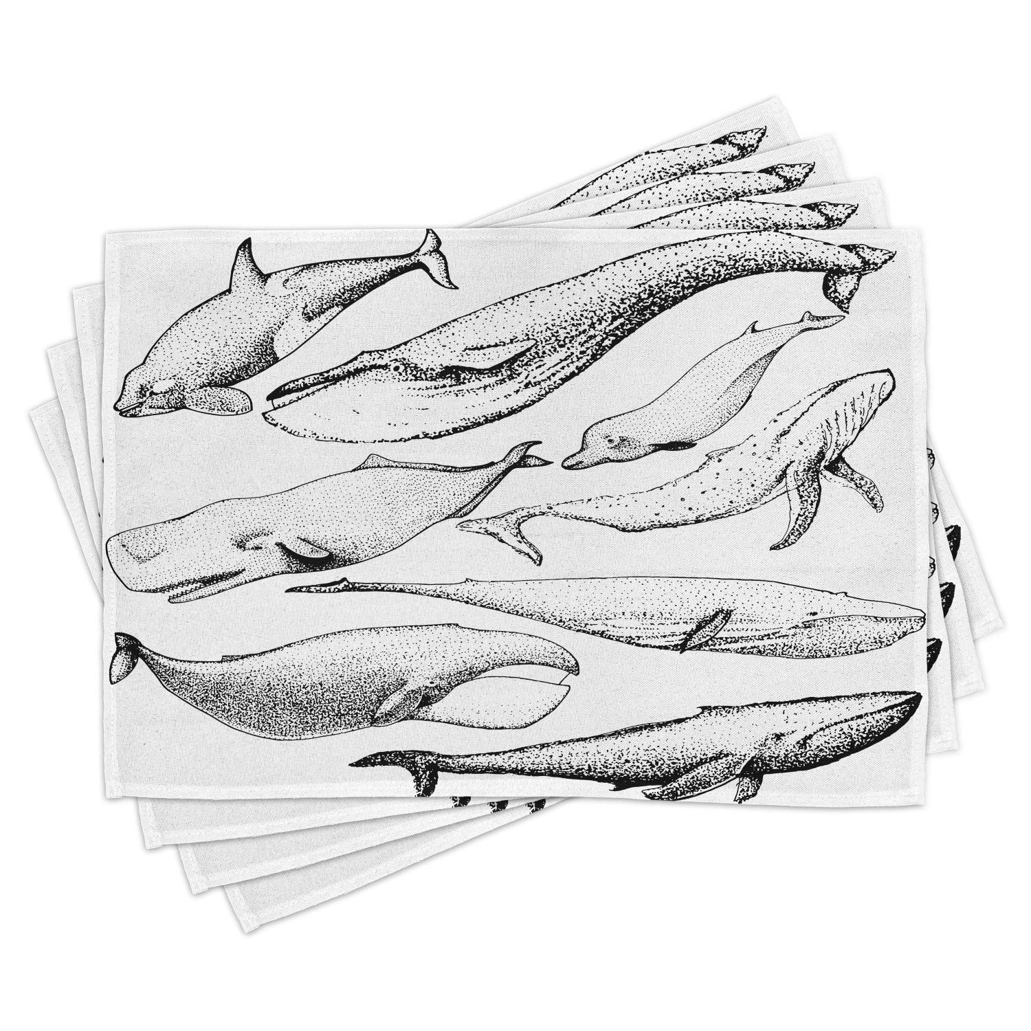 Ambesonne Whale Place Mats Set of 4 - Hand Drawn Black & White Whale Design, Washable Fabric Table Mats for Dining Room & Kitchen Decor - Perfect for Seafood Themed Parties & Coastal Home Decor