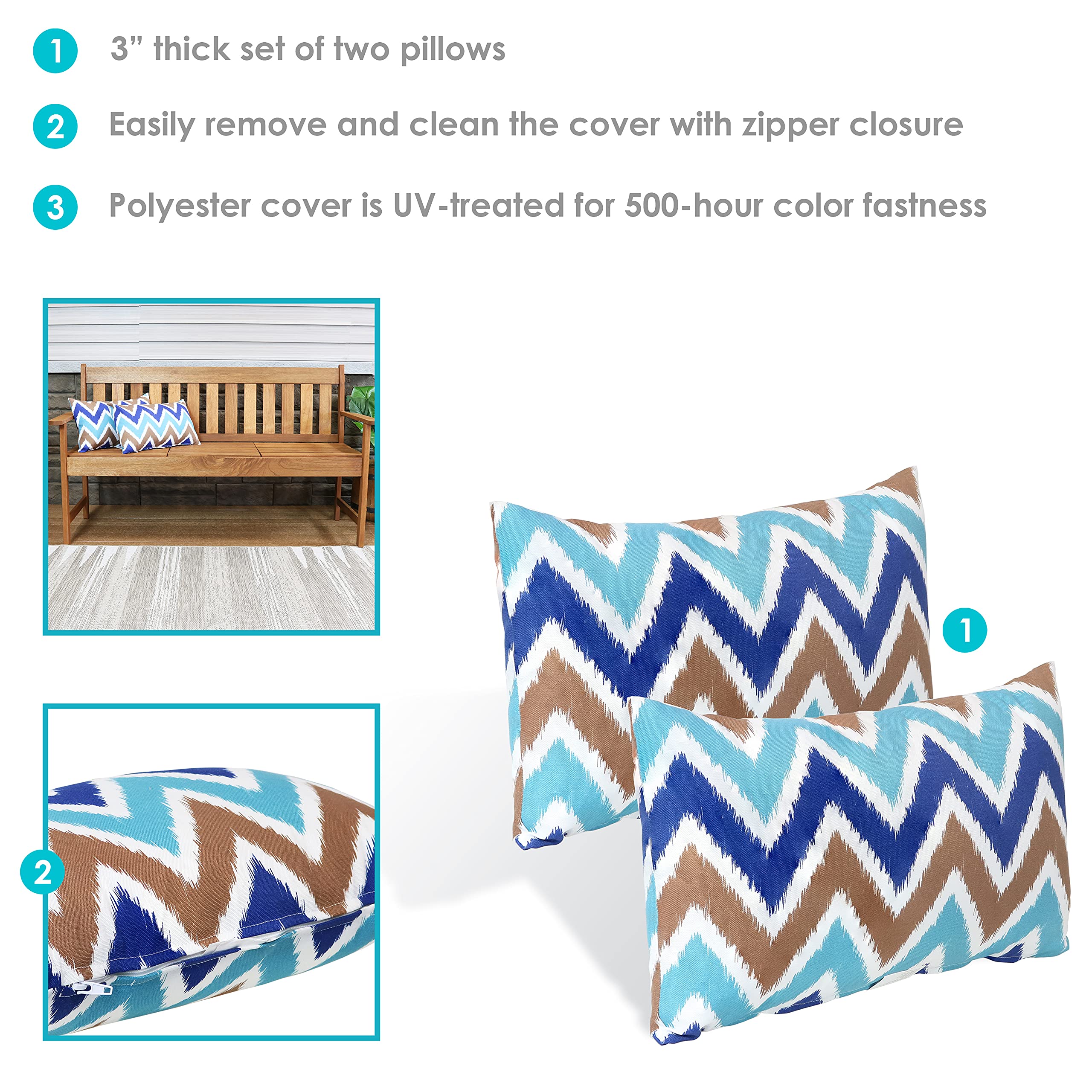 Sunnydaze Decorative Throw Pillow Covers Set of 2 - Indoor & Outdoor Rectangle Cushion Covers with Zipper, Weather-Resistant Polyester Fabric - Chevron Bliss Pattern 12x20 Inches - Perfect for Sofa, Patio, Bedroom & Porch Decor