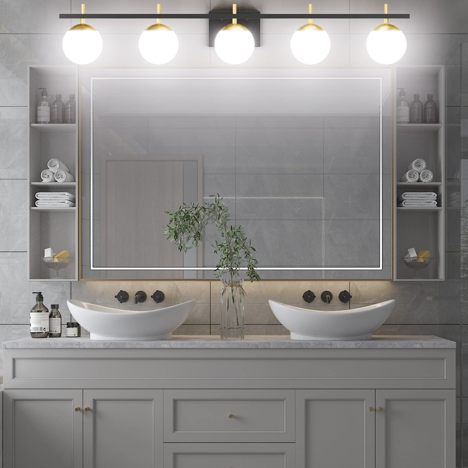 Ralbay Mid Century Modern Vanity Light Fixture - 5 Light Milky Glass Globe Bathroom Sconce for Mirror Lighting, Black/Gold Finish - Perfect for Contemporary Bathroom, Powder Room, and Dressing Area Illumination
