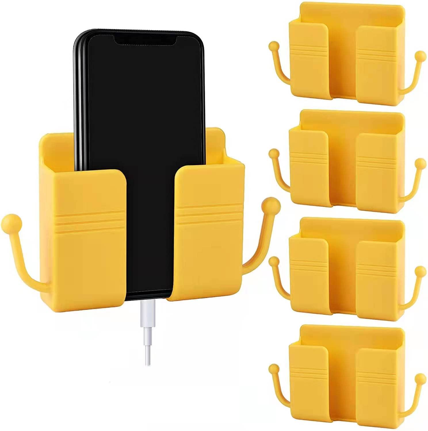 6-Piece Self-Adhesive Wall Mount Phone Holder - Plastic Charging Stand with Storage Box for Remote Control - Bedroom Wall Organizer (Yellow) - Perfect for Nightstand, Bathroom & Office Organization