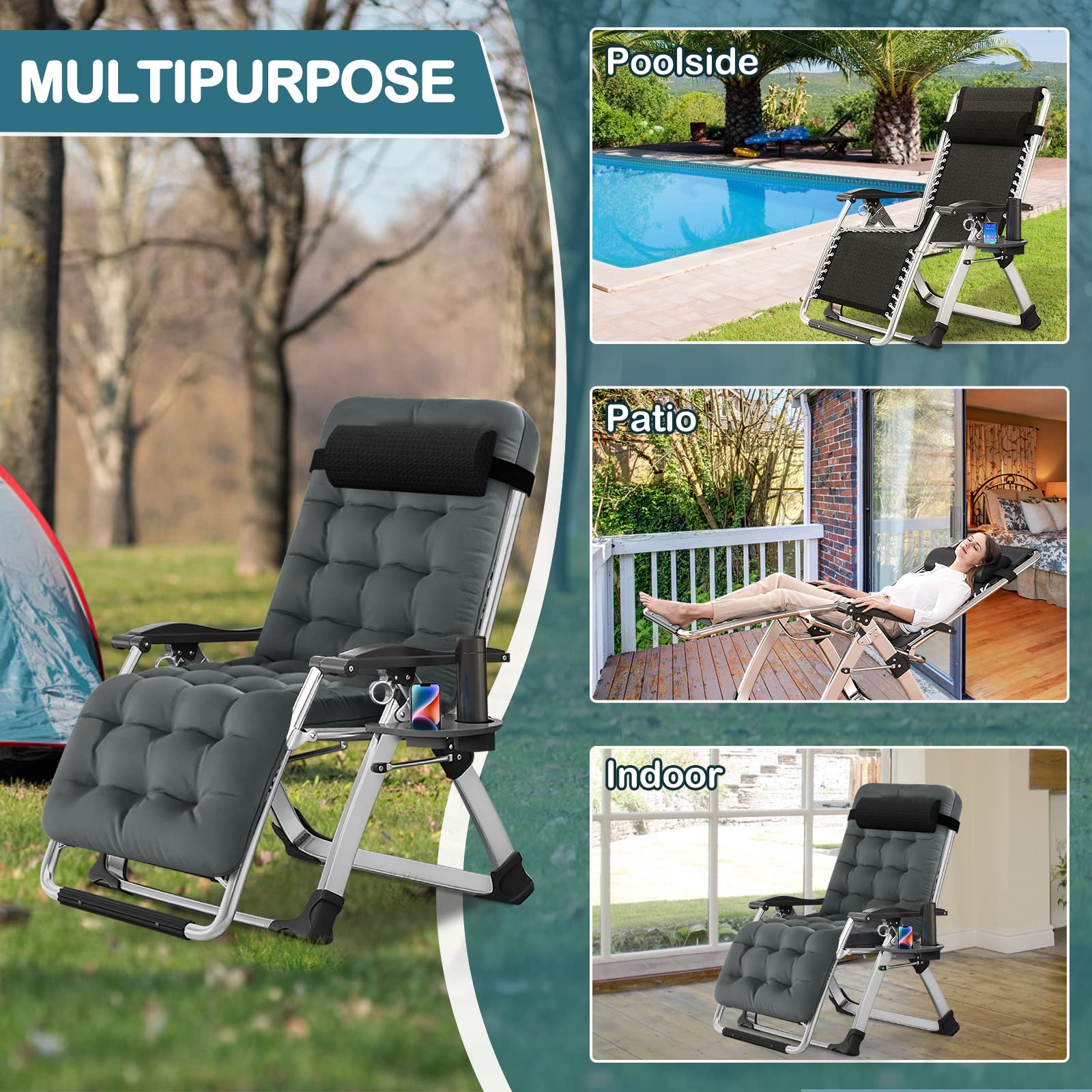 NAIZEA Zero Gravity Lounge Chair - Adjustable Folding Recliner with Cup Holder, Ergonomic Patio Chair for Indoor & Outdoor Use - Perfect for Backyard, Poolside, Camping and Relaxation